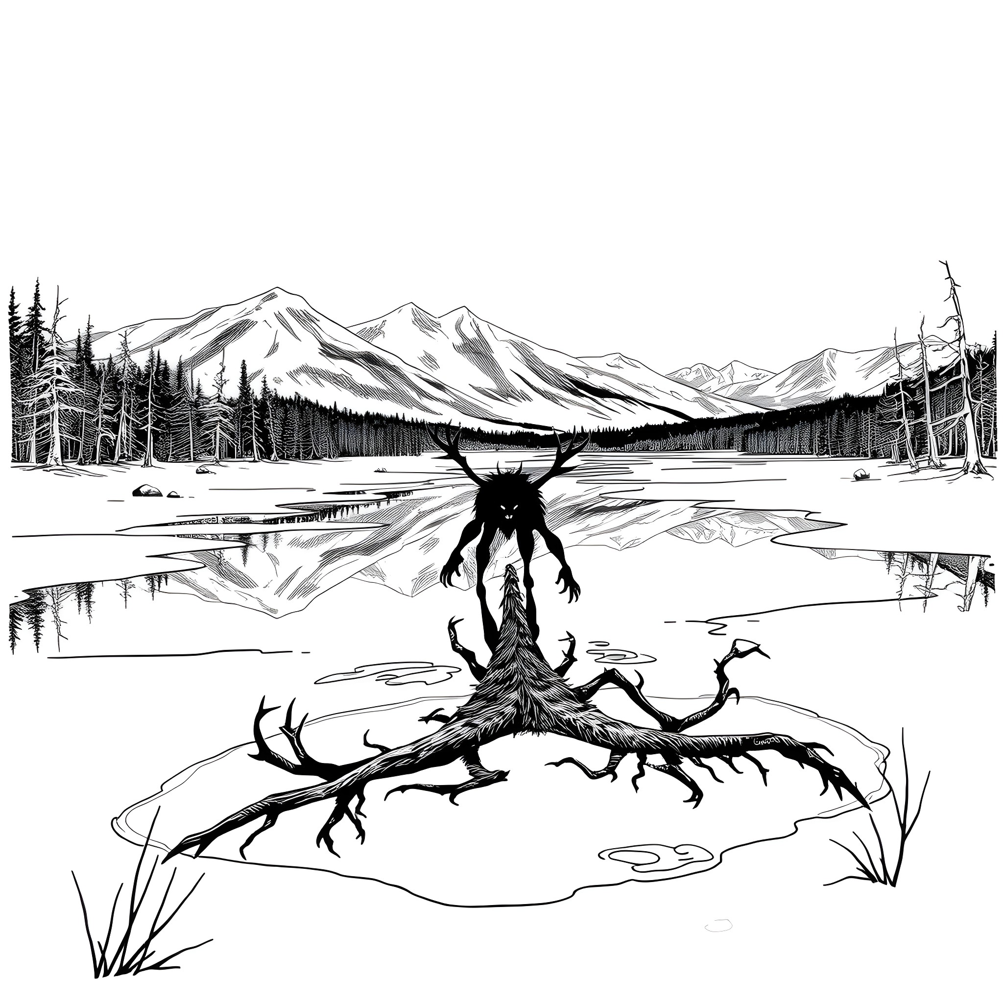 Wendigo's Haunting Presence in the Serene Wilderness Coloring Page (free black-and-white line drawing printable PDF for all, from beginners to advanced learners, including children, teens, adults, and seniors)