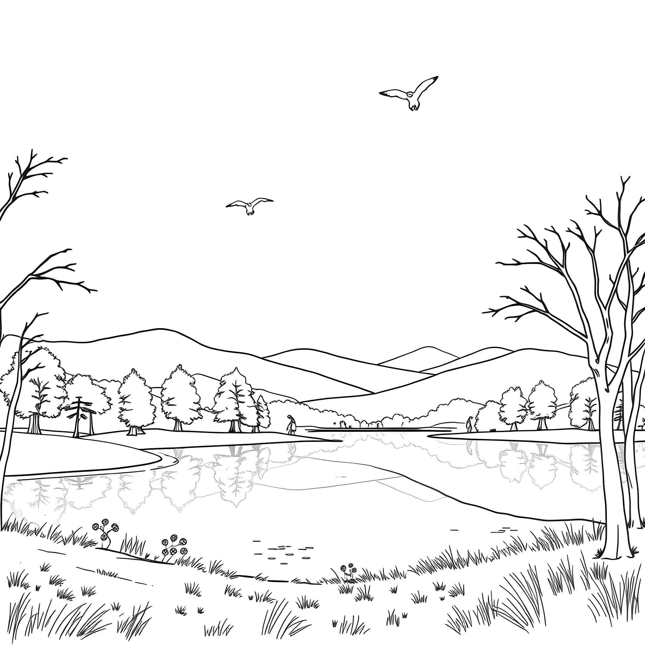 Scene of a serene lakeside landscape Coloring Page (free black-and-white line drawing printable PDF for all, from beginners to advanced learners, including children, teens, adults, and seniors)