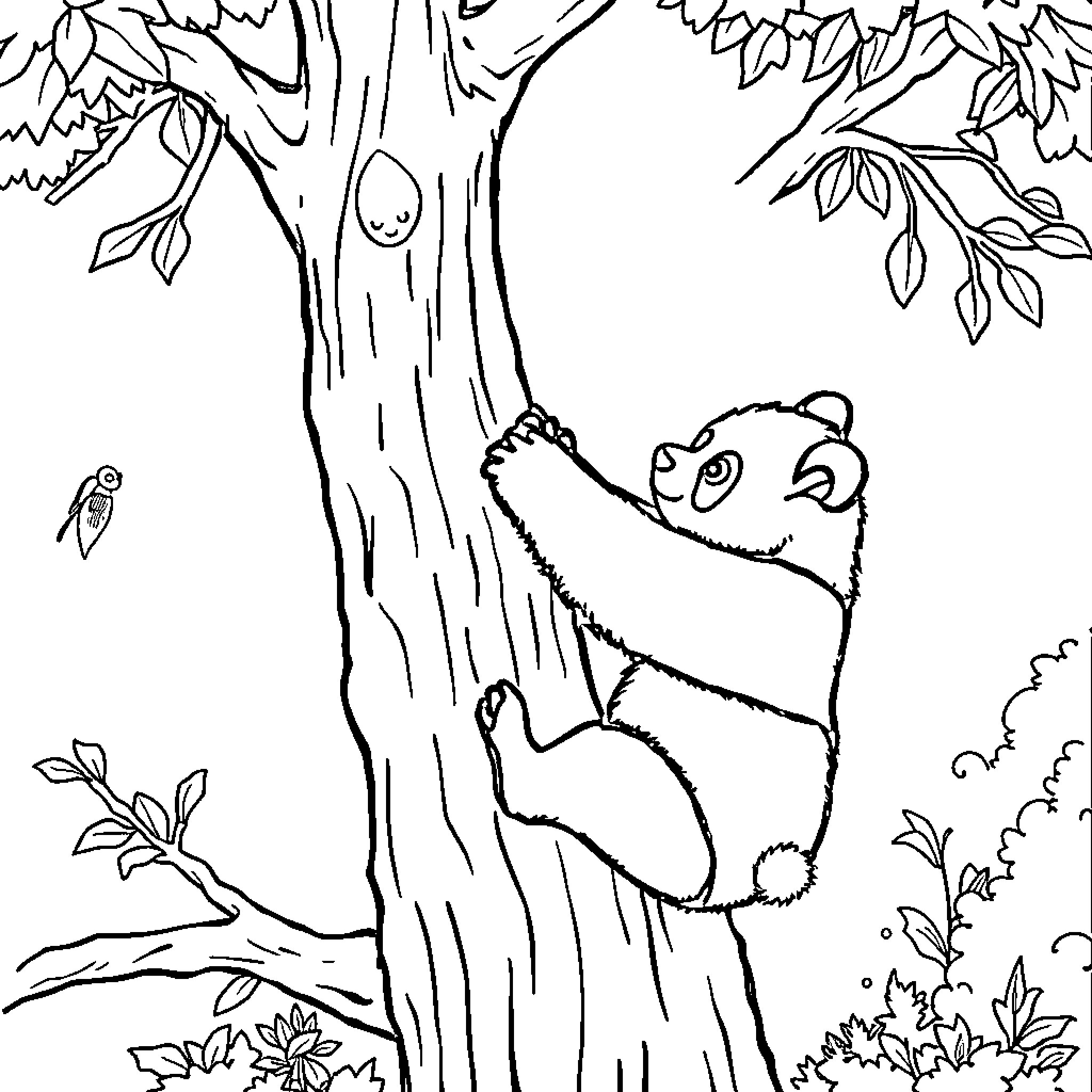 Panda climbing joyfully on tree in nature Coloring Page (free black-and-white line drawing printable PDF for all, from beginners to advanced learners, including children, teens, adults, and seniors)