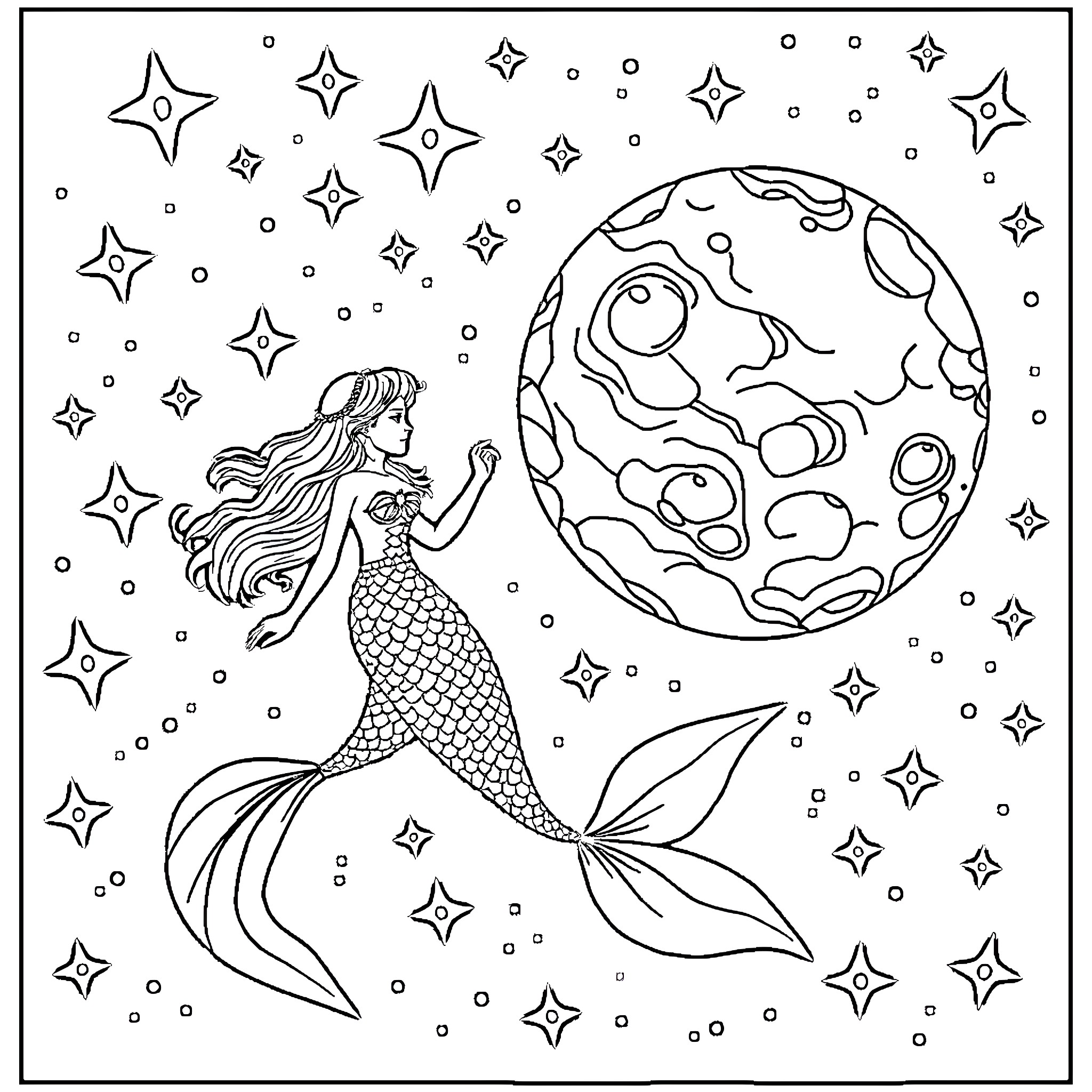 Mermaid swimming among stars and planets Coloring Page (free black-and-white line drawing printable PDF for all, from beginners to advanced learners, including children, teens, adults, and seniors)