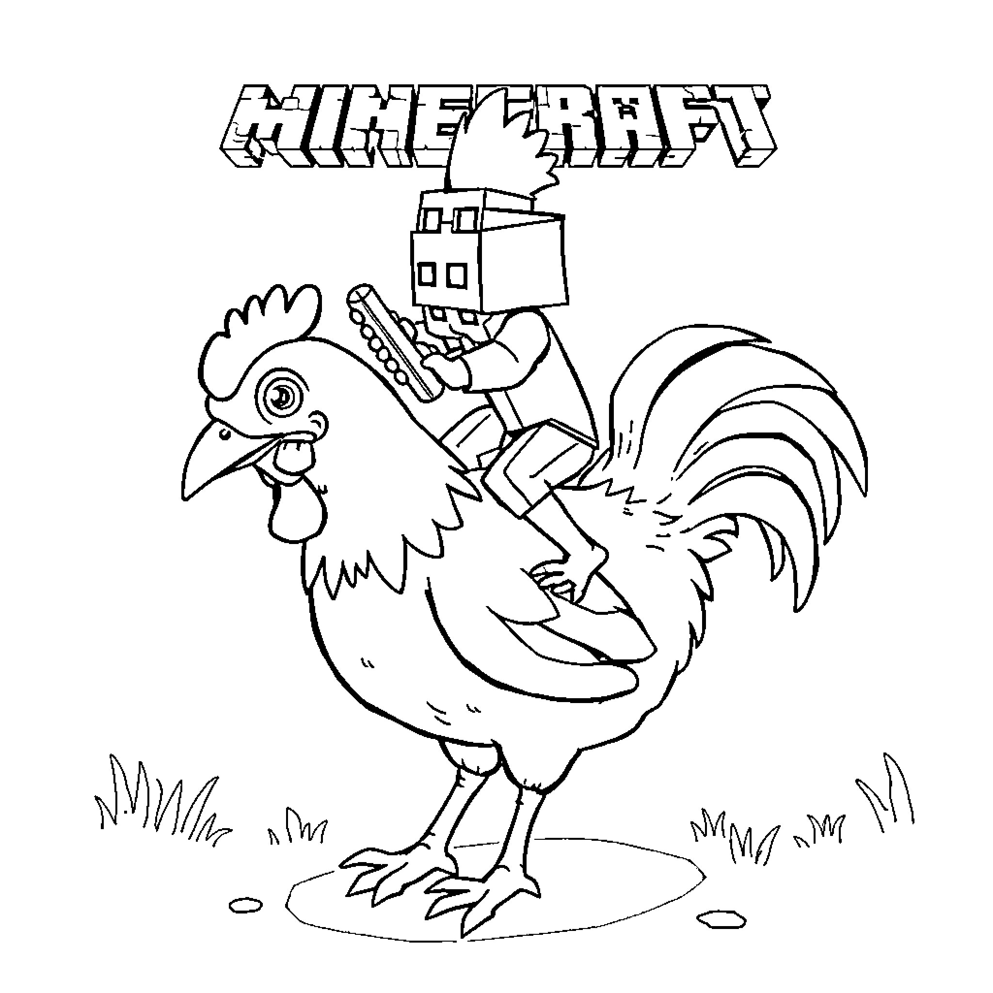 Chicken Jockey Riding a Rooster in a Video Game Coloring Page (free black-and-white line drawing printable PDF for all, from beginners to advanced learners, including children, teens, adults, and seniors)