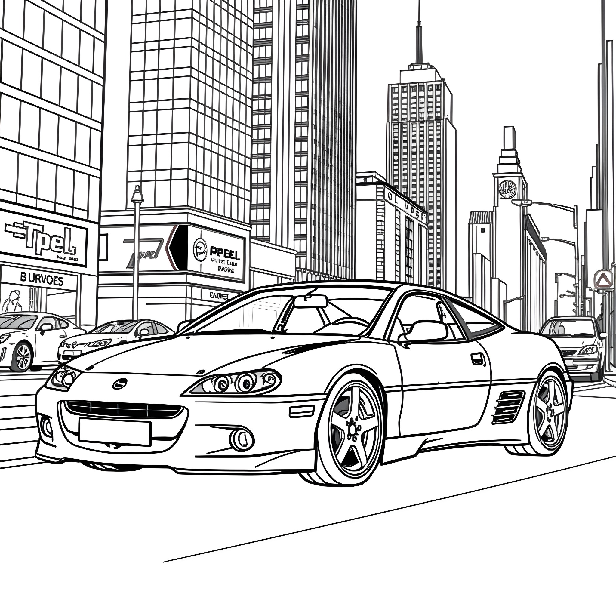 Opel Calibra sports car in the city Coloring Page (free black-and-white line drawing printable PDF for all, from beginners to advanced learners, including children, teens, adults, and seniors)