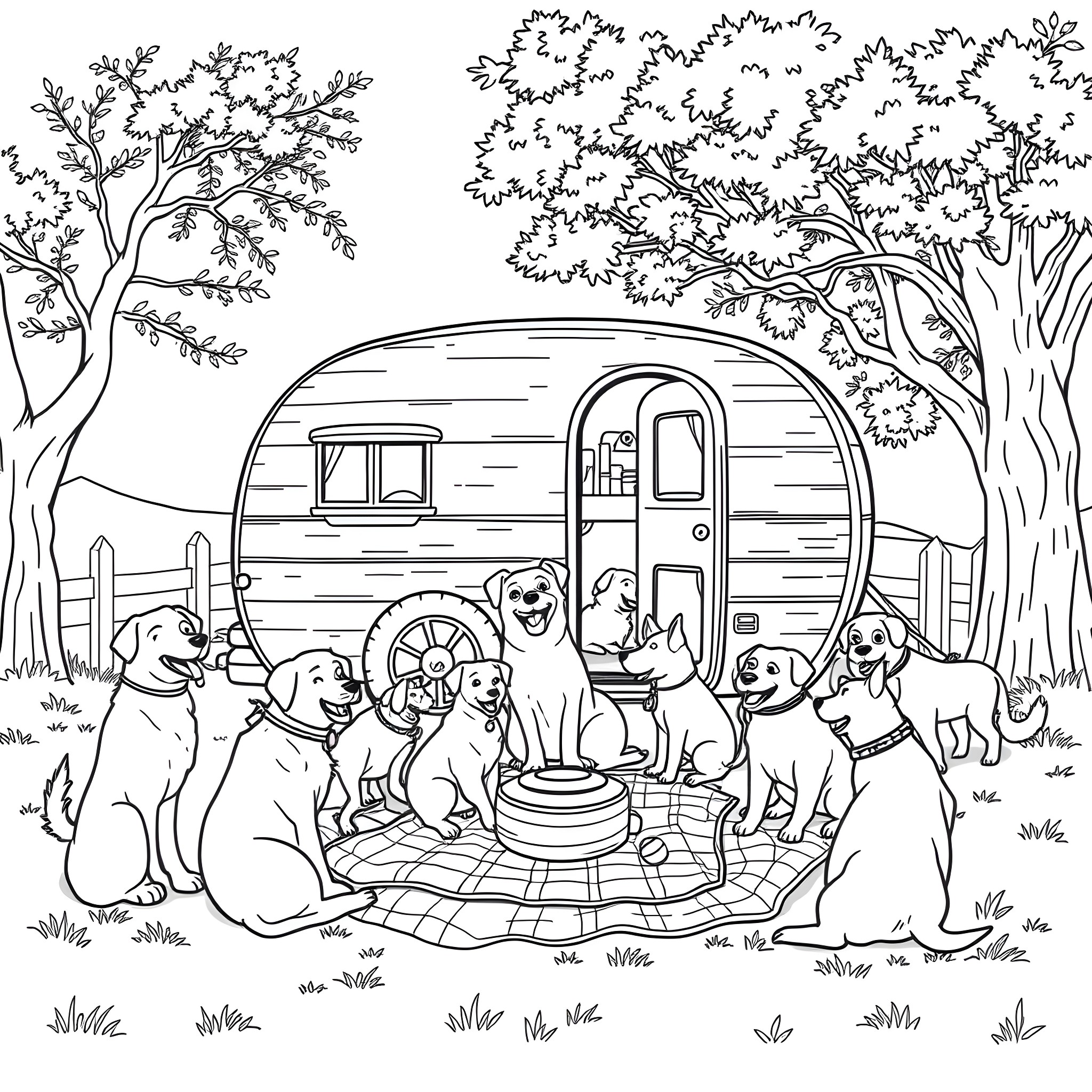 Dog party celebration in the forest Coloring Page (free black-and-white line drawing printable PDF for all, from beginners to advanced learners, including children, teens, adults, and seniors)