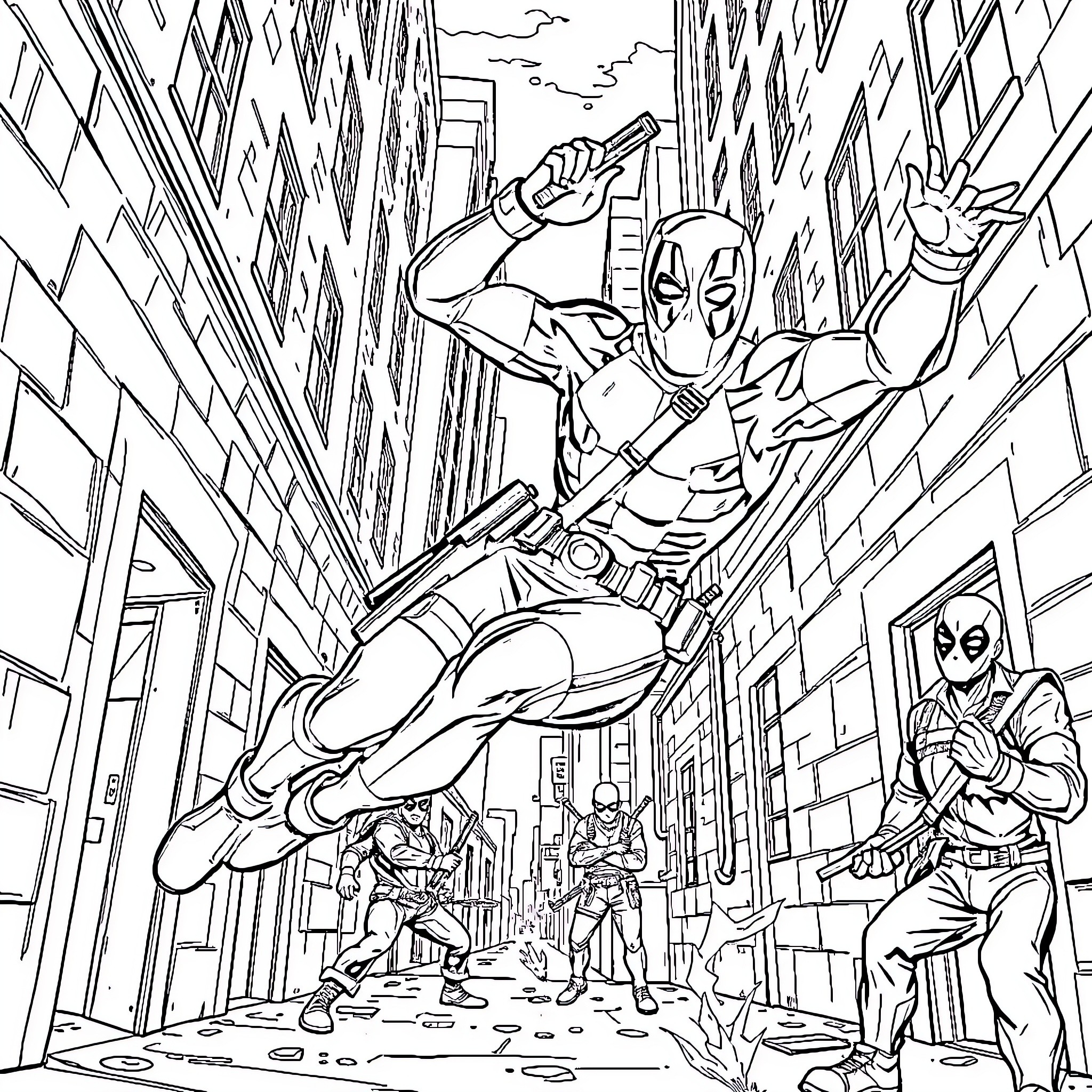 Deadpool's Thrilling City Adventure Coloring Page (free black-and-white line drawing printable PDF for all, from beginners to advanced learners, including children, teens, adults, and seniors)