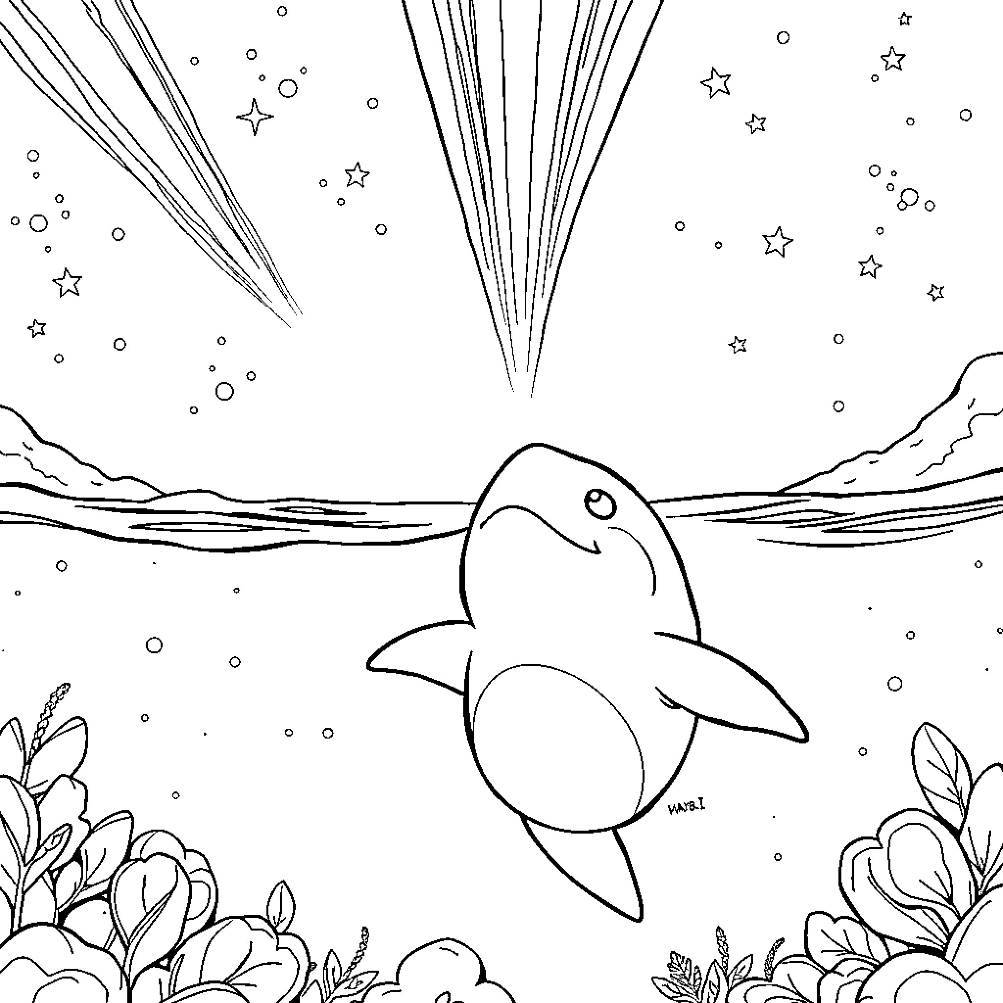 Baby Shark swimming in the ocean under the stars Coloring Page (free black-and-white line drawing printable PDF for all, from beginners to advanced learners, including children, teens, adults, and seniors)