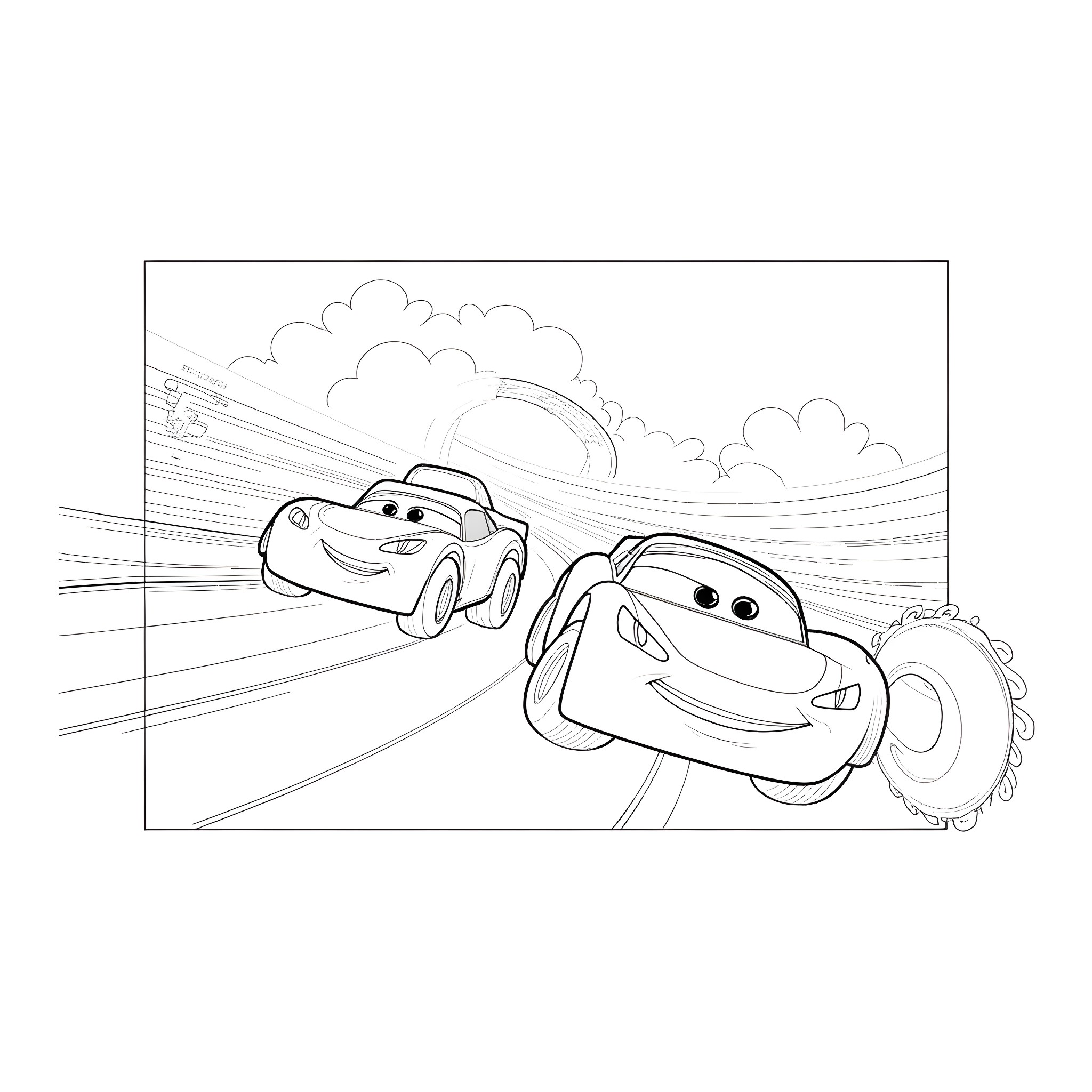 Lightning McQueen and Mater in a Race on the Road Coloring Page (free black-and-white line drawing printable PDF for all, from beginners to advanced learners, including children, teens, adults, and seniors)