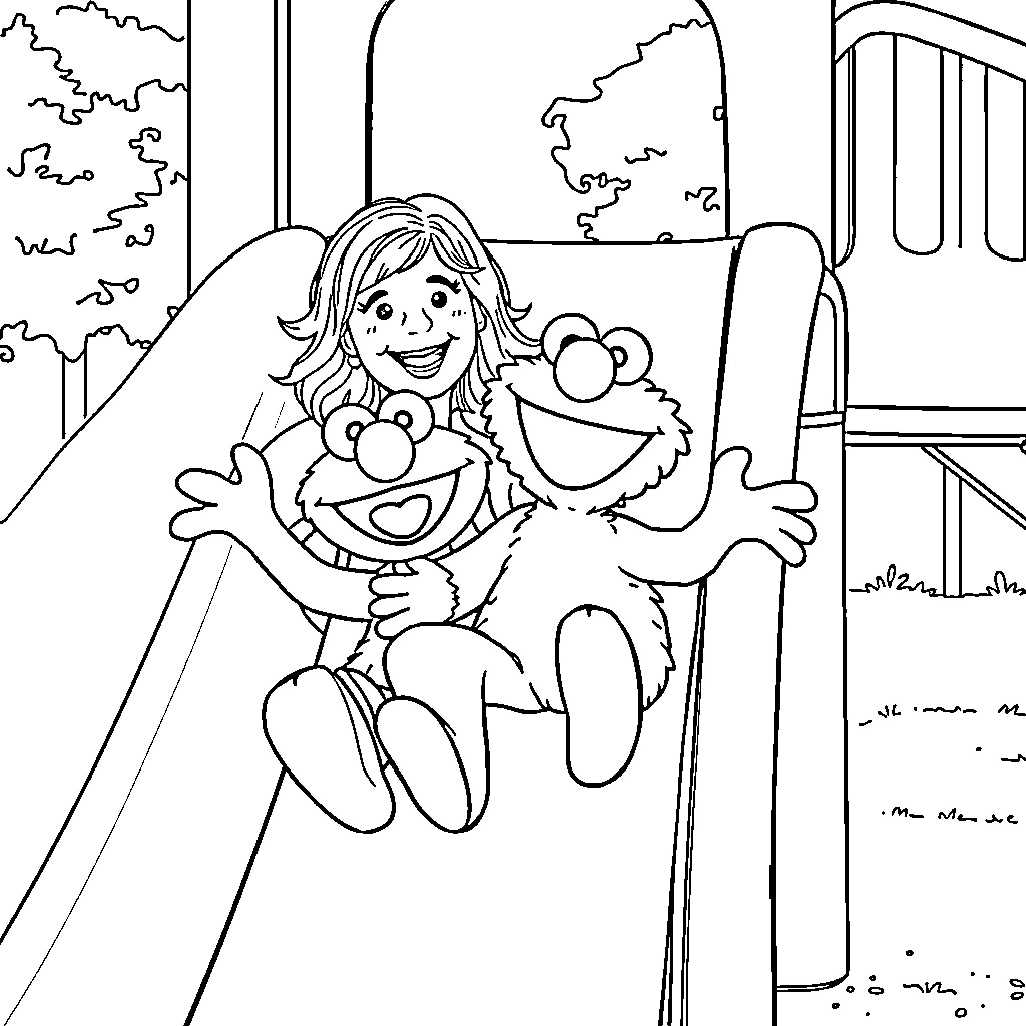 Ms Rachel and Elmo Enjoying the Playground Coloring Page (free black-and-white line drawing printable PDF for all, from beginners to advanced learners, including children, teens, adults, and seniors)