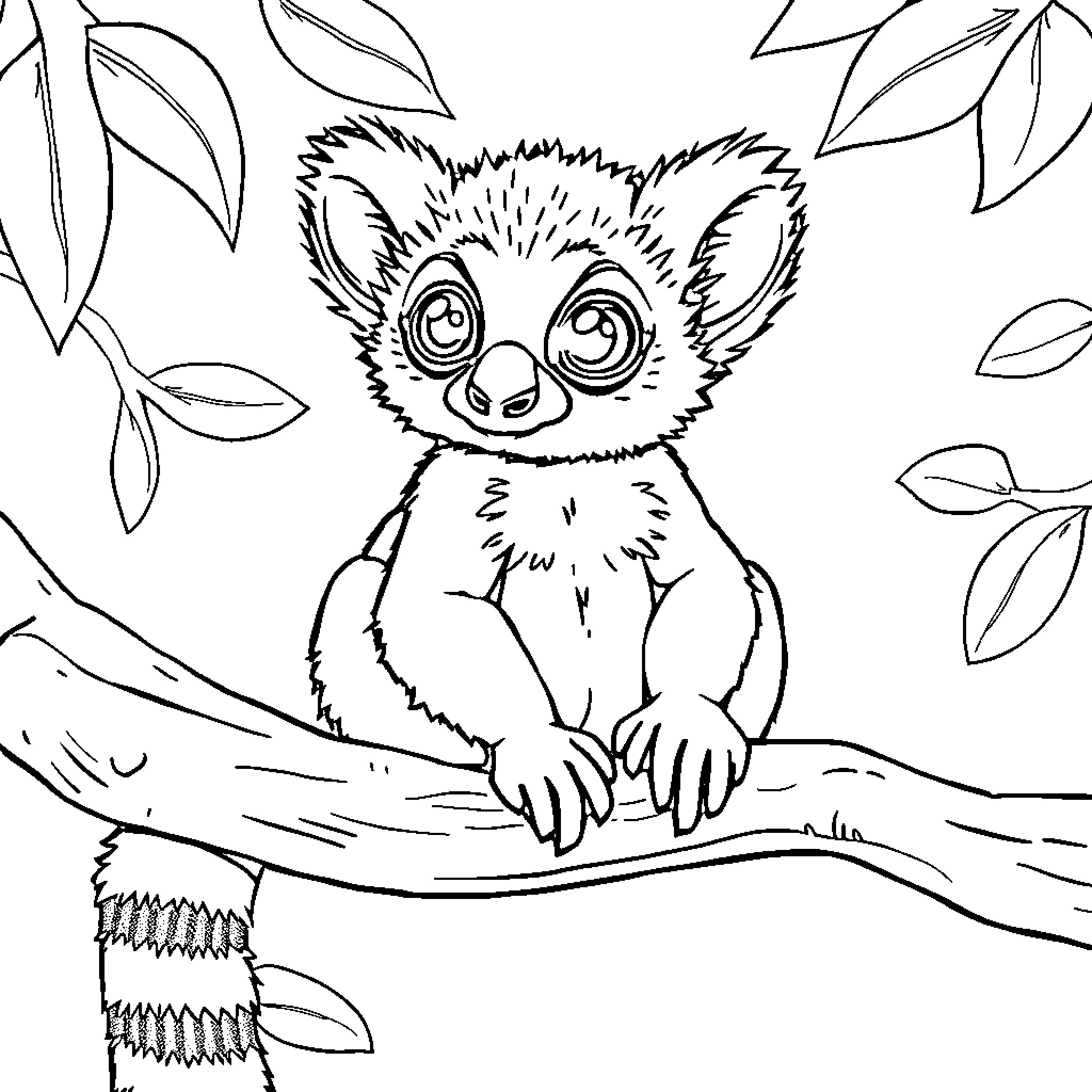 Lemur gazing curiously from tree branch Coloring Page (free black-and-white line drawing printable PDF for all, from beginners to advanced learners, including children, teens, adults, and seniors)