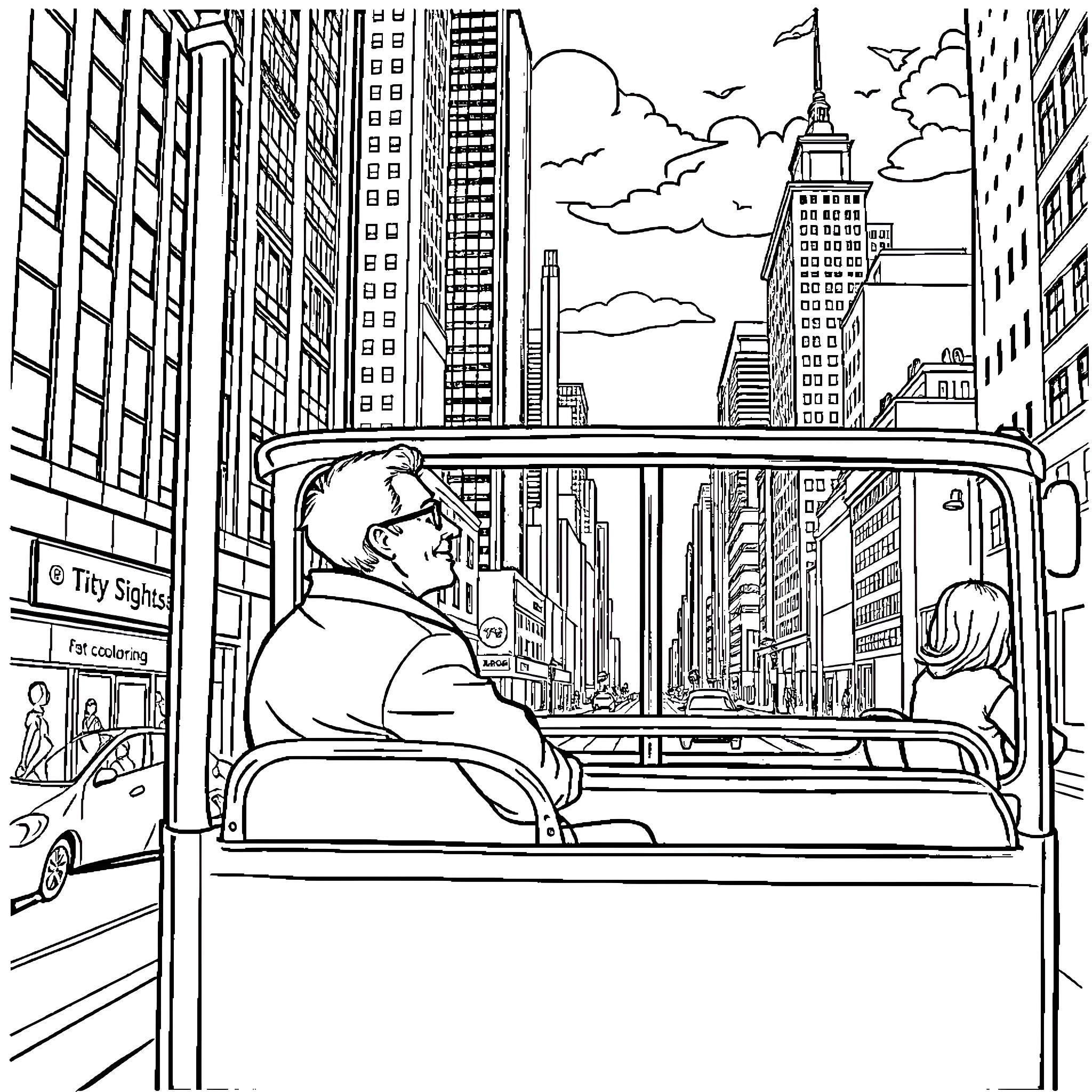 Carl Stokken exploring the bustling city in a taxi Coloring Page (free black-and-white line drawing printable PDF for all, from beginners to advanced learners, including children, teens, adults, and seniors)