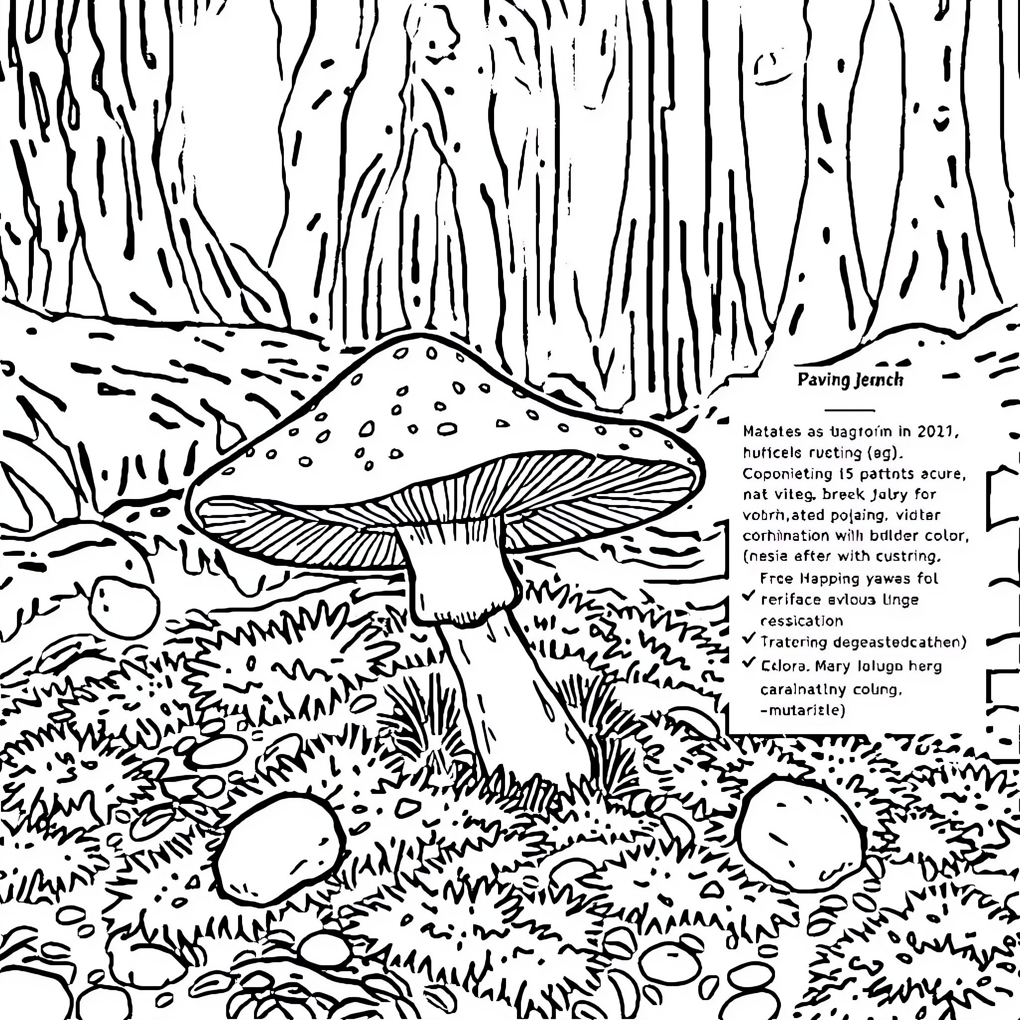 Mushroom Habitat in the Forest Coloring Page (free black-and-white line drawing printable PDF for all, from beginners to advanced learners, including children, teens, adults, and seniors)