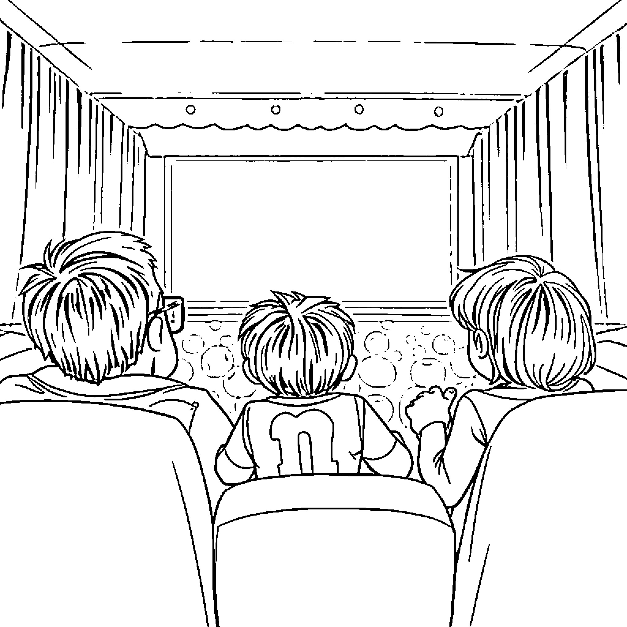 Cinema Audience Watching a Performance Coloring Page (free black-and-white line drawing printable PDF for all, from beginners to advanced learners, including children, teens, adults, and seniors)