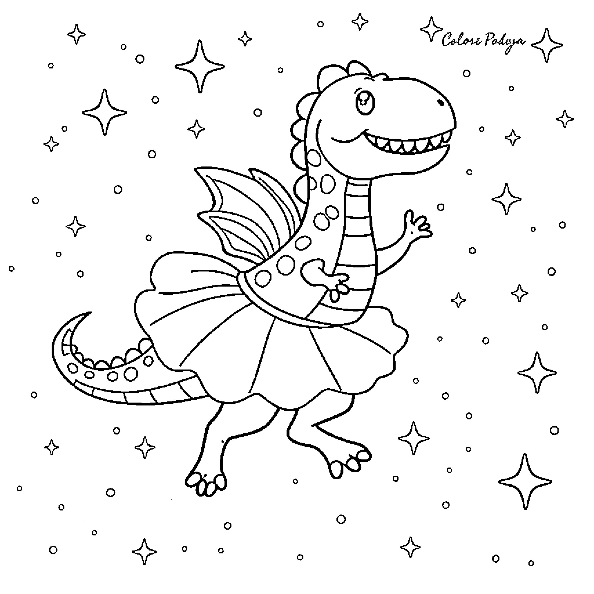 Dinosaur in a Sparkling Celestial Costume Coloring Page (free black-and-white line drawing printable PDF for all, from beginners to advanced learners, including children, teens, adults, and seniors)