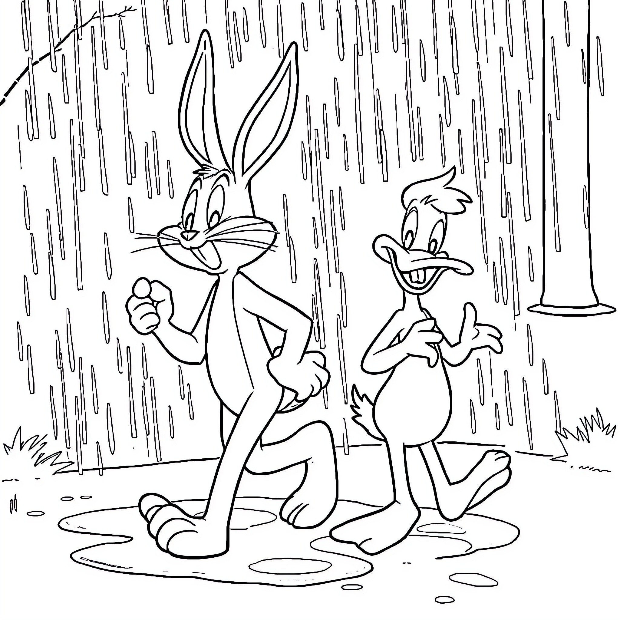 Bugs Bunny and Daffy Duck in a rainy forest scene Coloring Page (free black-and-white line drawing printable PDF for all, from beginners to advanced learners, including children, teens, adults, and seniors)