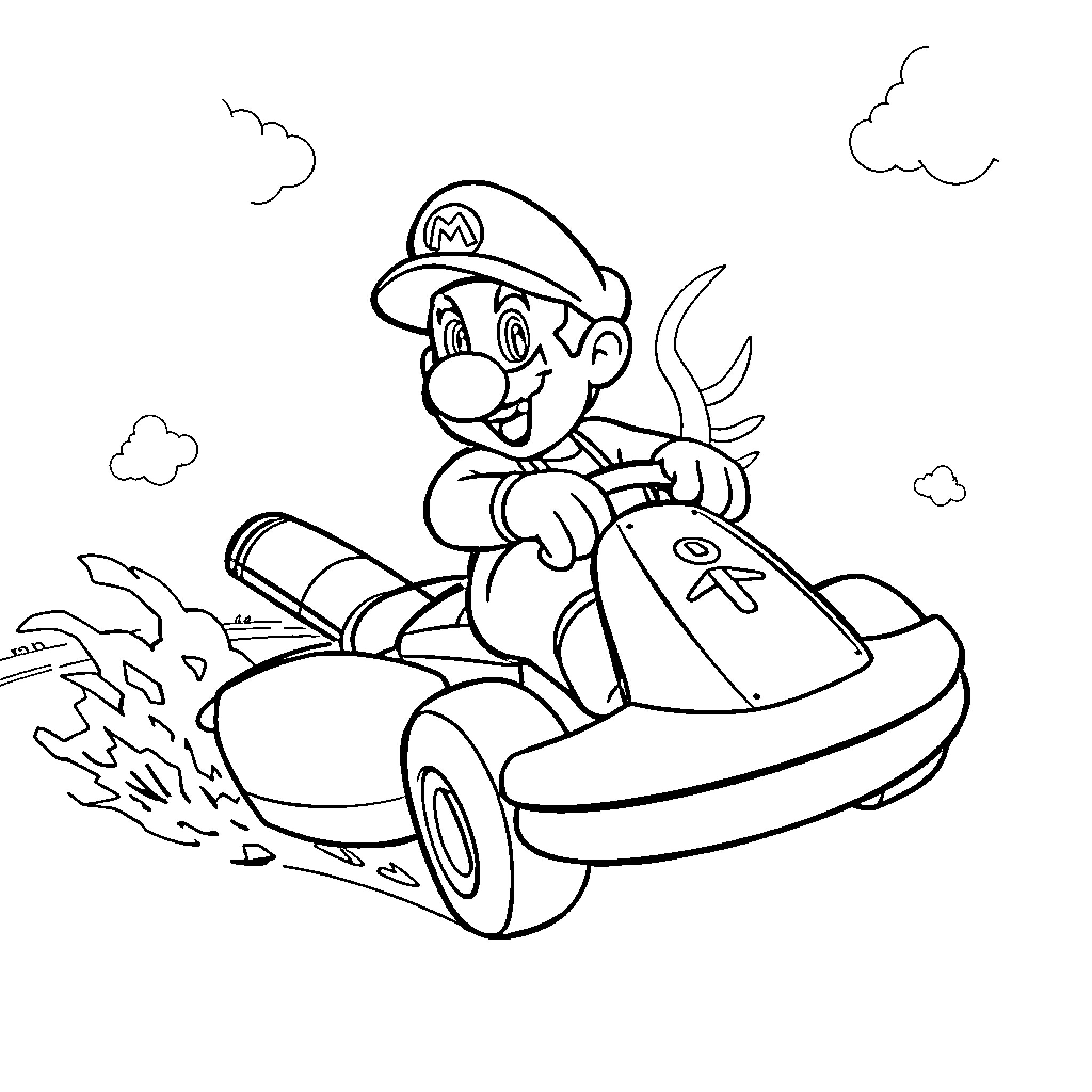 Mario speeding in his kart on the track Coloring Page (free black-and-white line drawing printable PDF for all, from beginners to advanced learners, including children, teens, adults, and seniors)