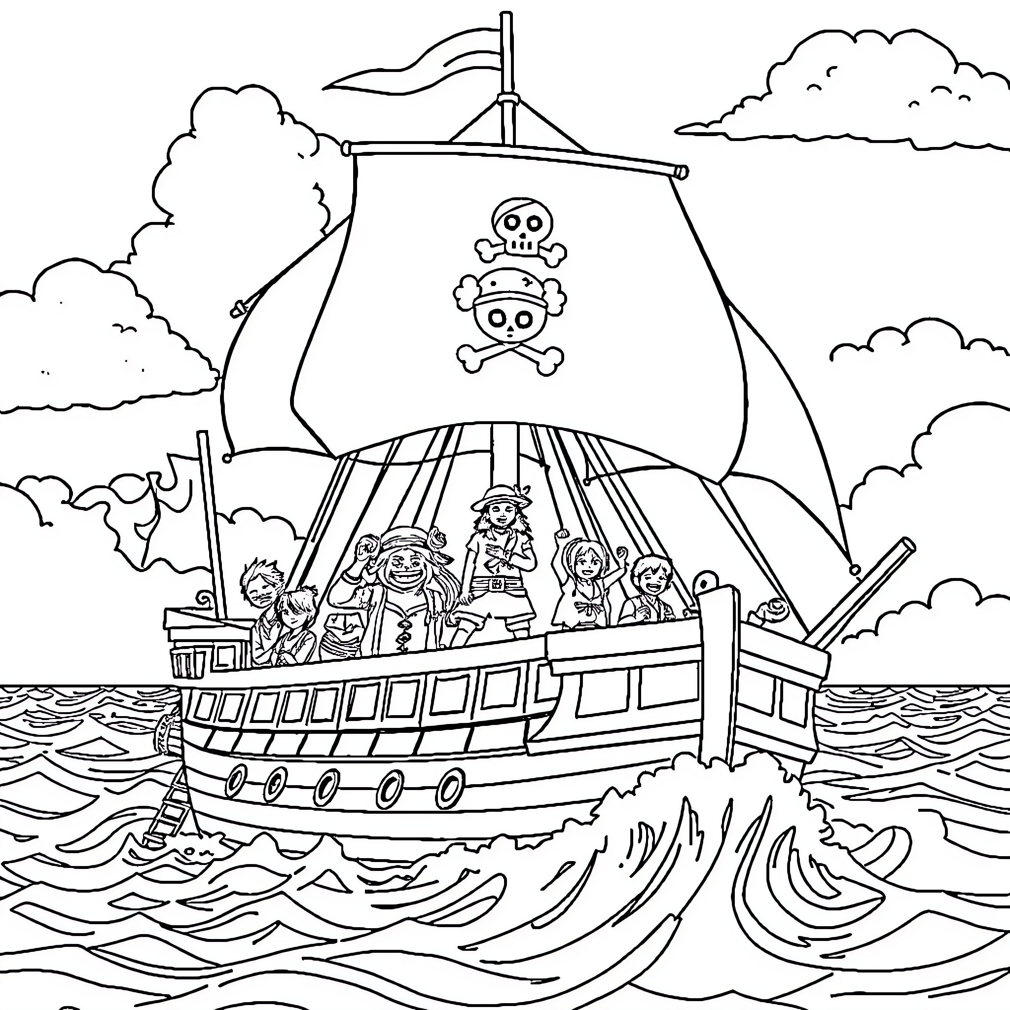One Piece Pirates Sailing on a Ship at Sea Coloring Page (free black-and-white line drawing printable PDF for all, from beginners to advanced learners, including children, teens, adults, and seniors)