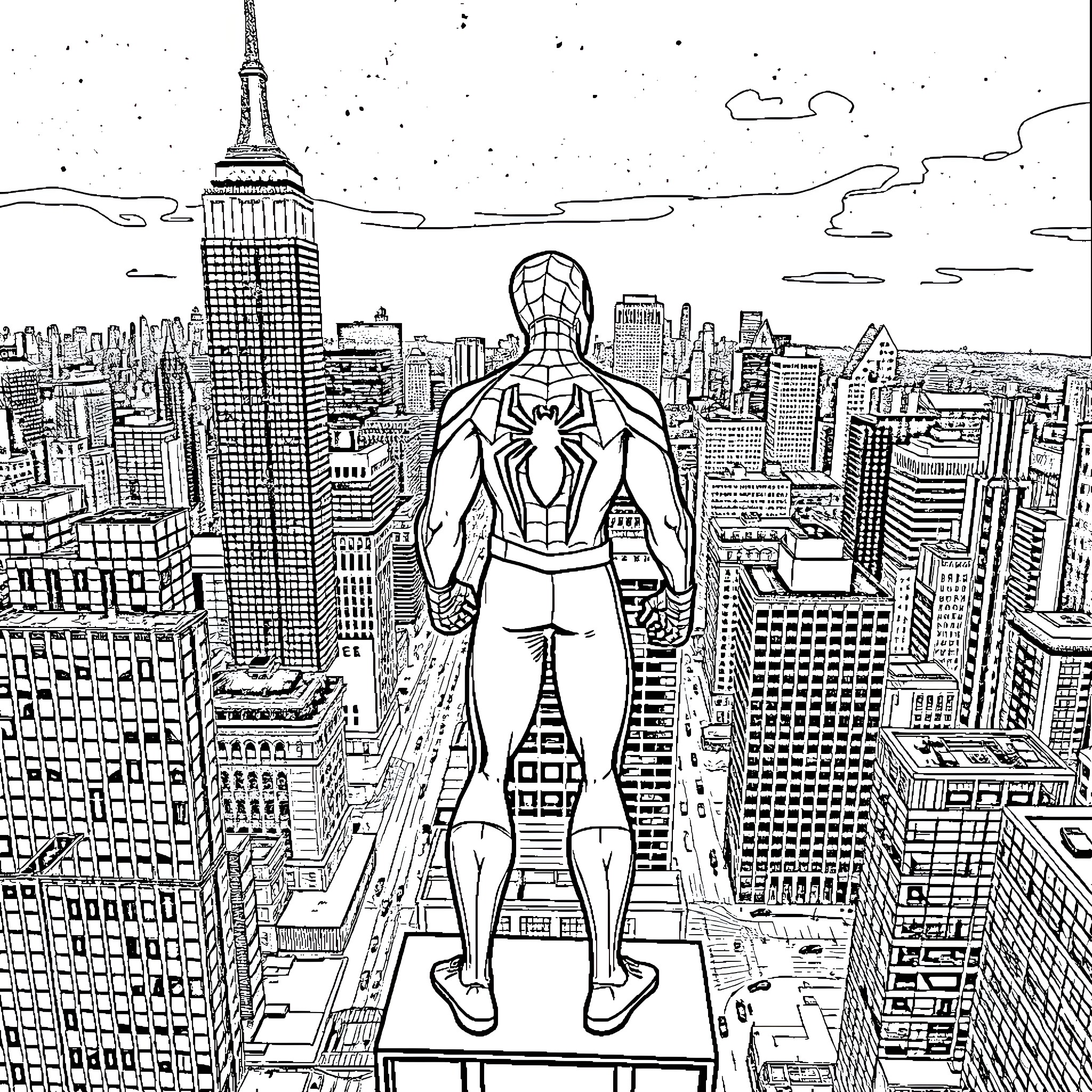 Miles Morales overlooking the city skyline Coloring Page (free black-and-white line drawing printable PDF for all, from beginners to advanced learners, including children, teens, adults, and seniors)