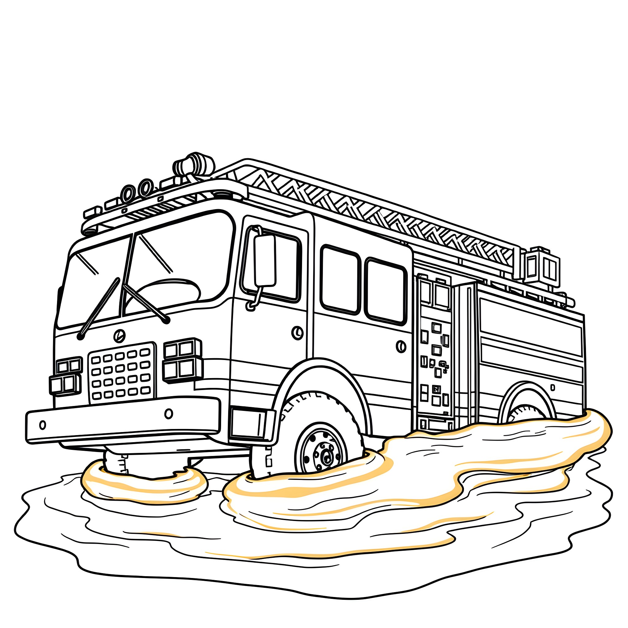 Firetruck responding to emergency call Coloring Page (free black-and-white line drawing printable PDF for all, from beginners to advanced learners, including children, teens, adults, and seniors)