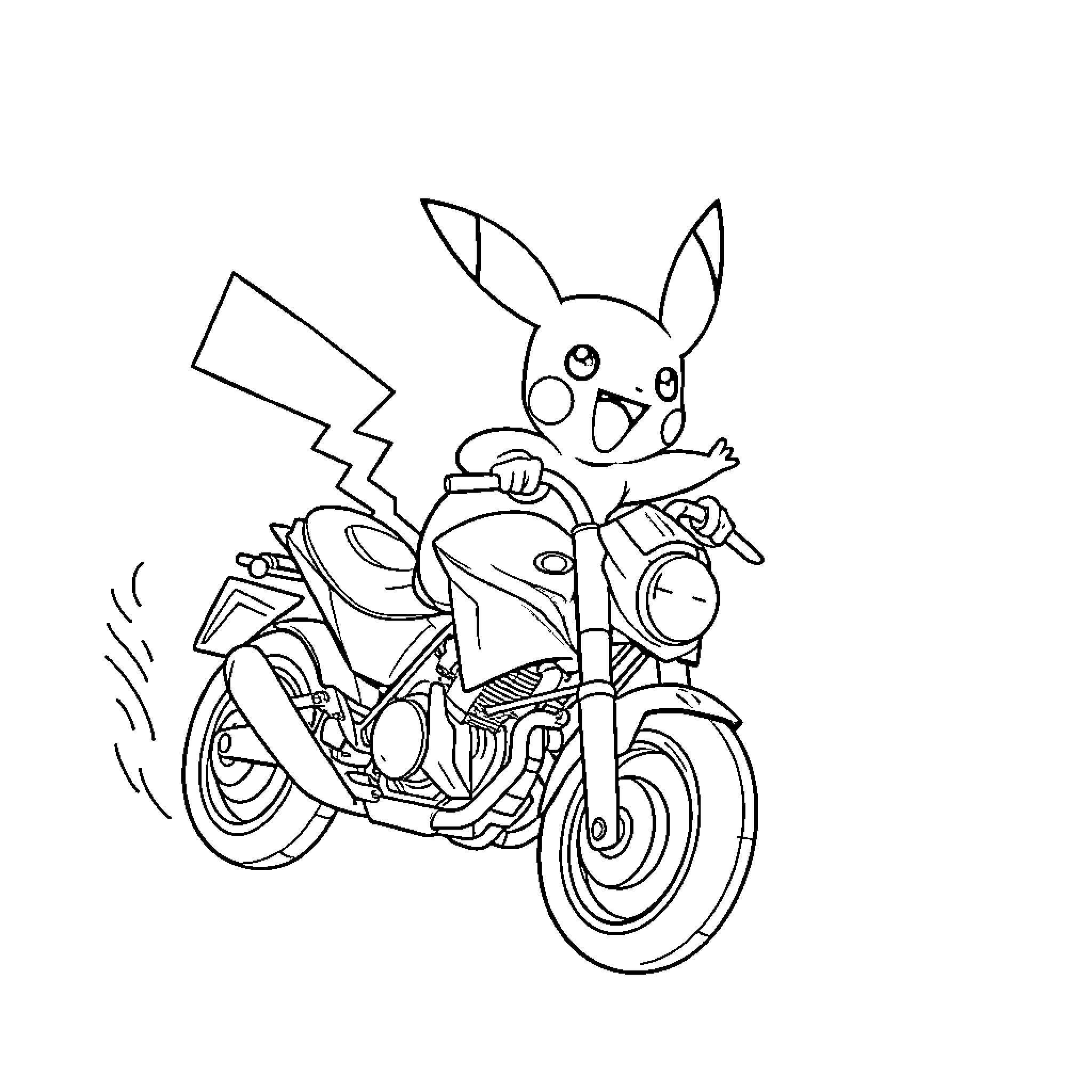 Raichu riding a motorcycle with excitement Coloring Page (free black-and-white line drawing printable PDF for all, from beginners to advanced learners, including children, teens, adults, and seniors)