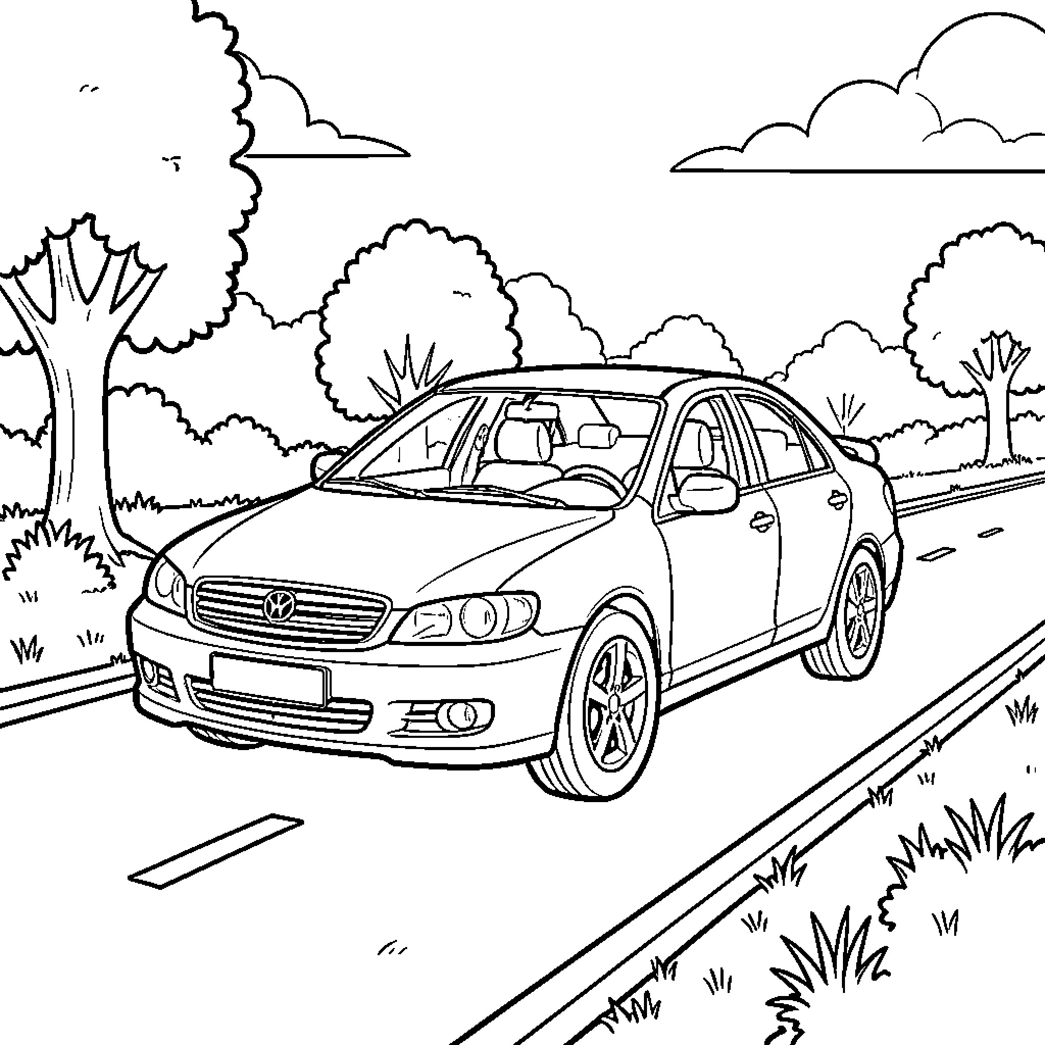 Car driving along a scenic road surrounded by trees Coloring Page (free black-and-white line drawing printable PDF for all, from beginners to advanced learners, including children, teens, adults, and seniors)