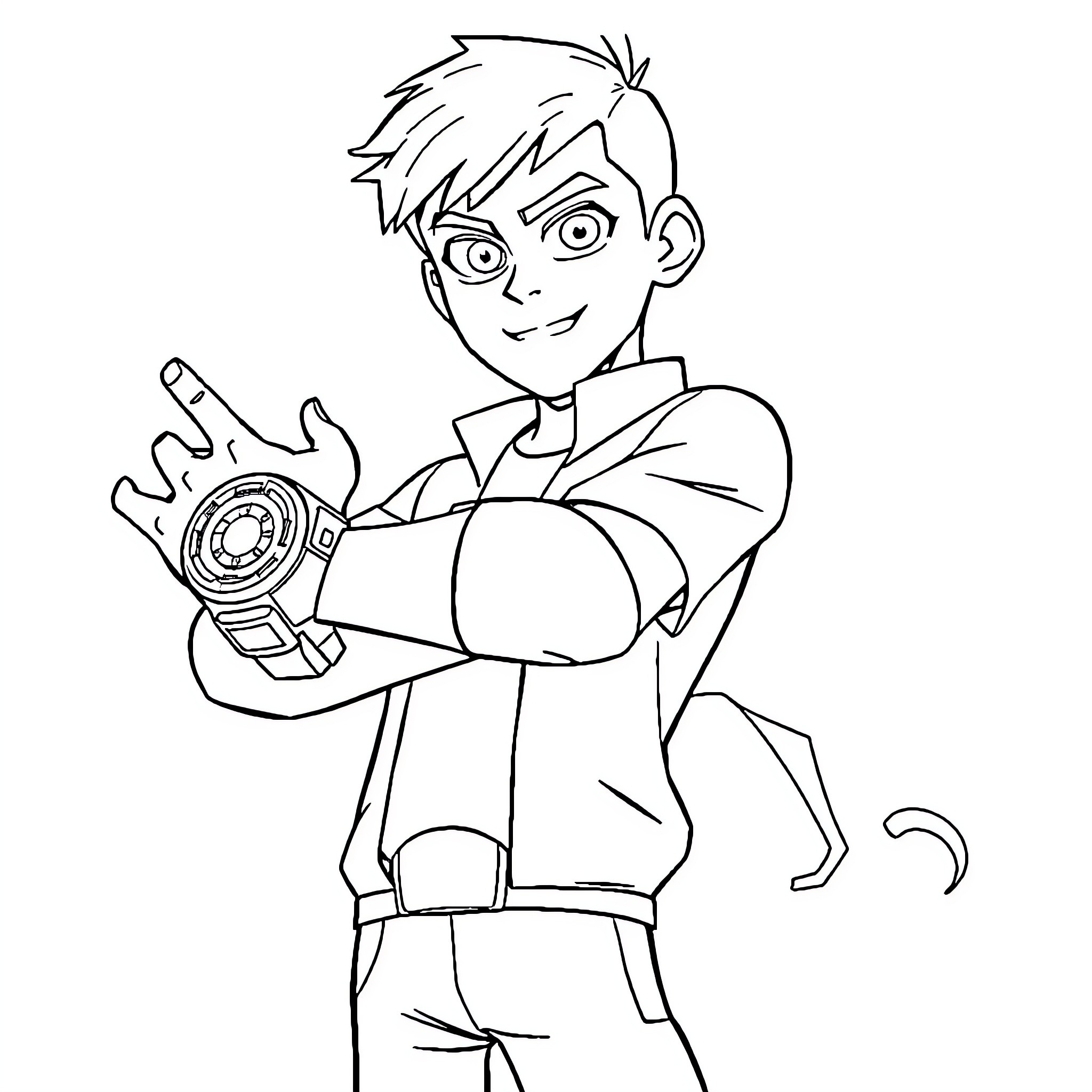Ben 10 using alien transforming device Coloring Page (free black-and-white line drawing printable PDF for all, from beginners to advanced learners, including children, teens, adults, and seniors)