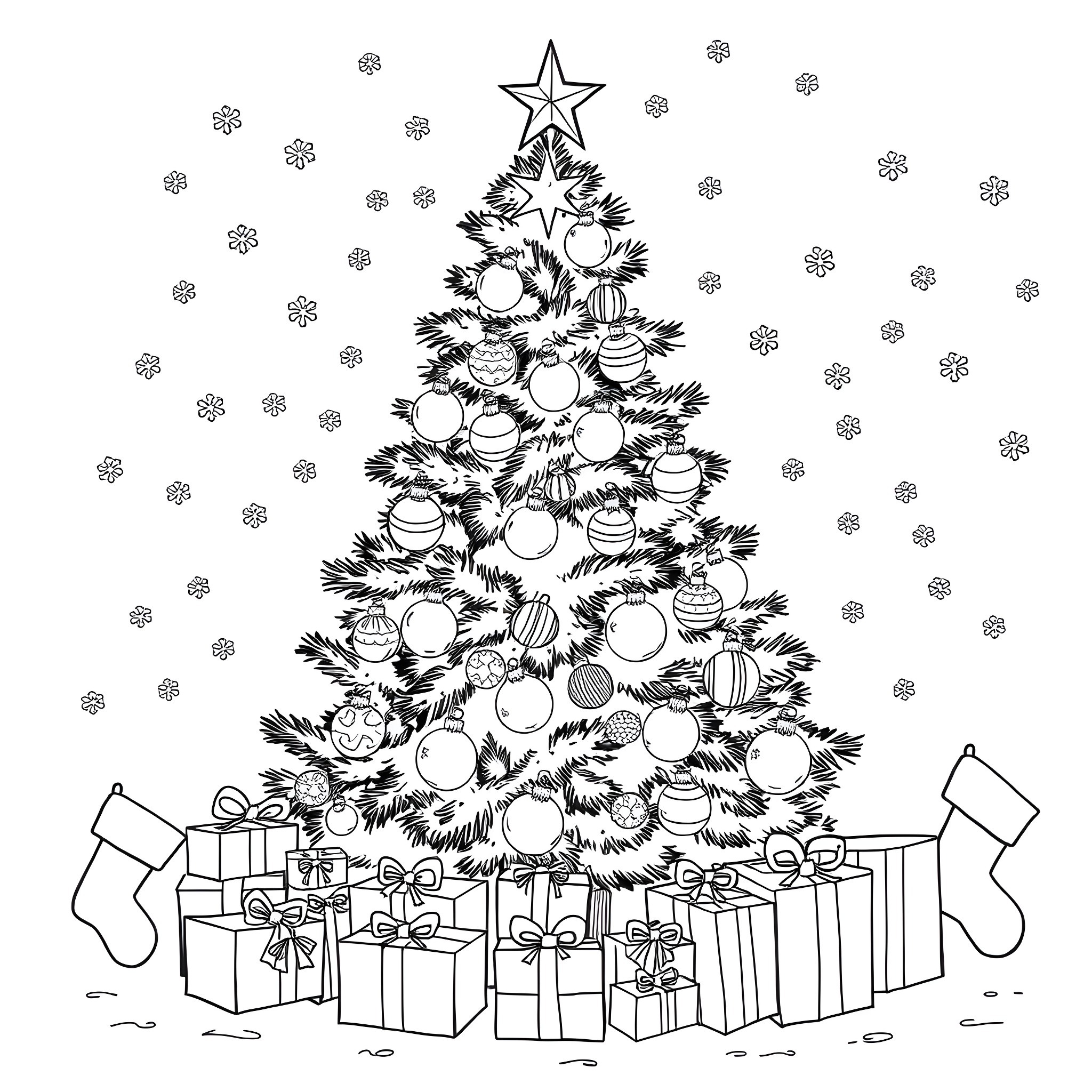 Christmas Tree Decked with Ornaments and Presents Coloring Page (free black-and-white line drawing printable PDF for all, from beginners to advanced learners, including children, teens, adults, and seniors)