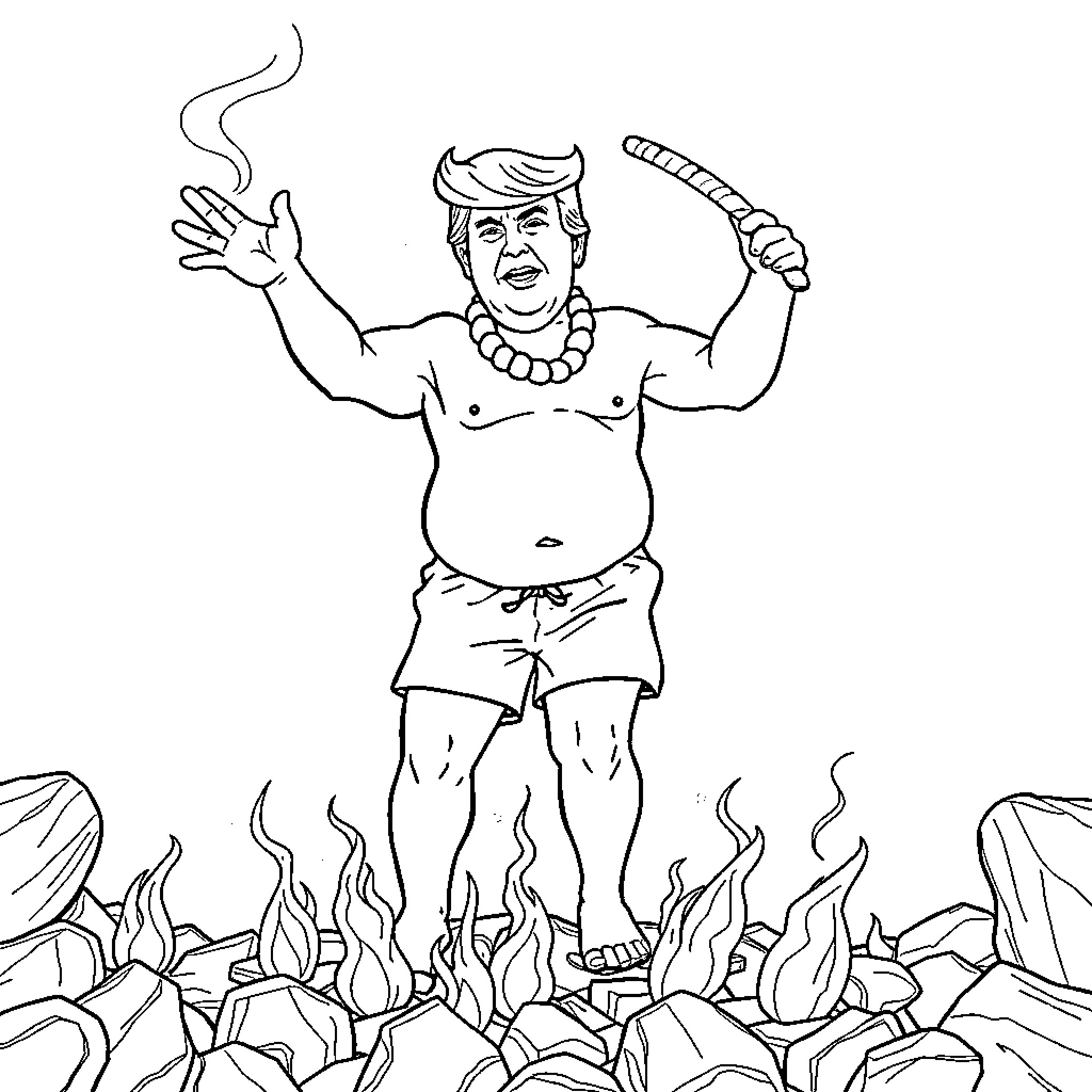 Trump in tribal dance with fire Coloring Page (free black-and-white line drawing printable PDF for all, from beginners to advanced learners, including children, teens, adults, and seniors)