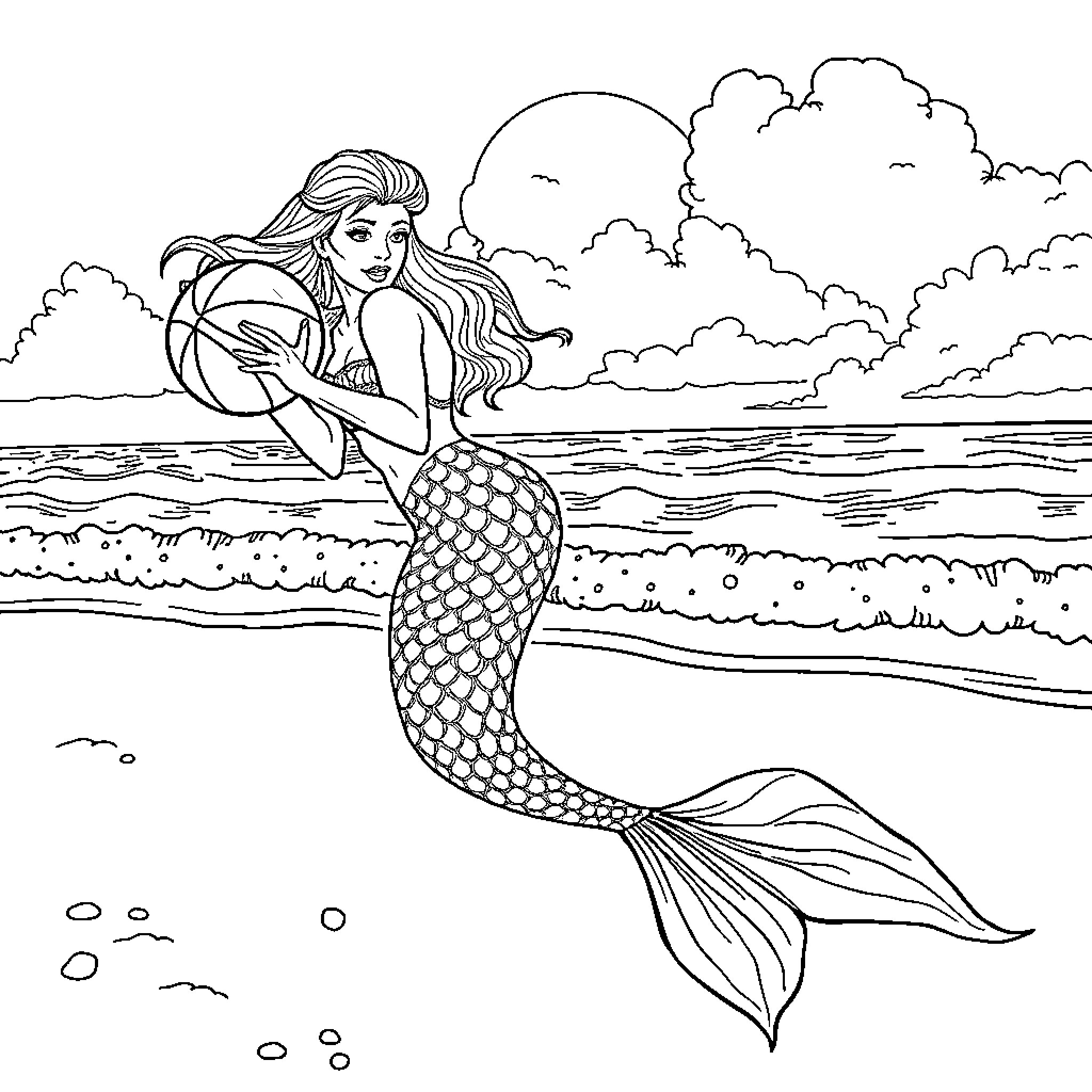 Mermaid basking in the ocean under cloudy skies Coloring Page (free black-and-white line drawing printable PDF for all, from beginners to advanced learners, including children, teens, adults, and seniors)