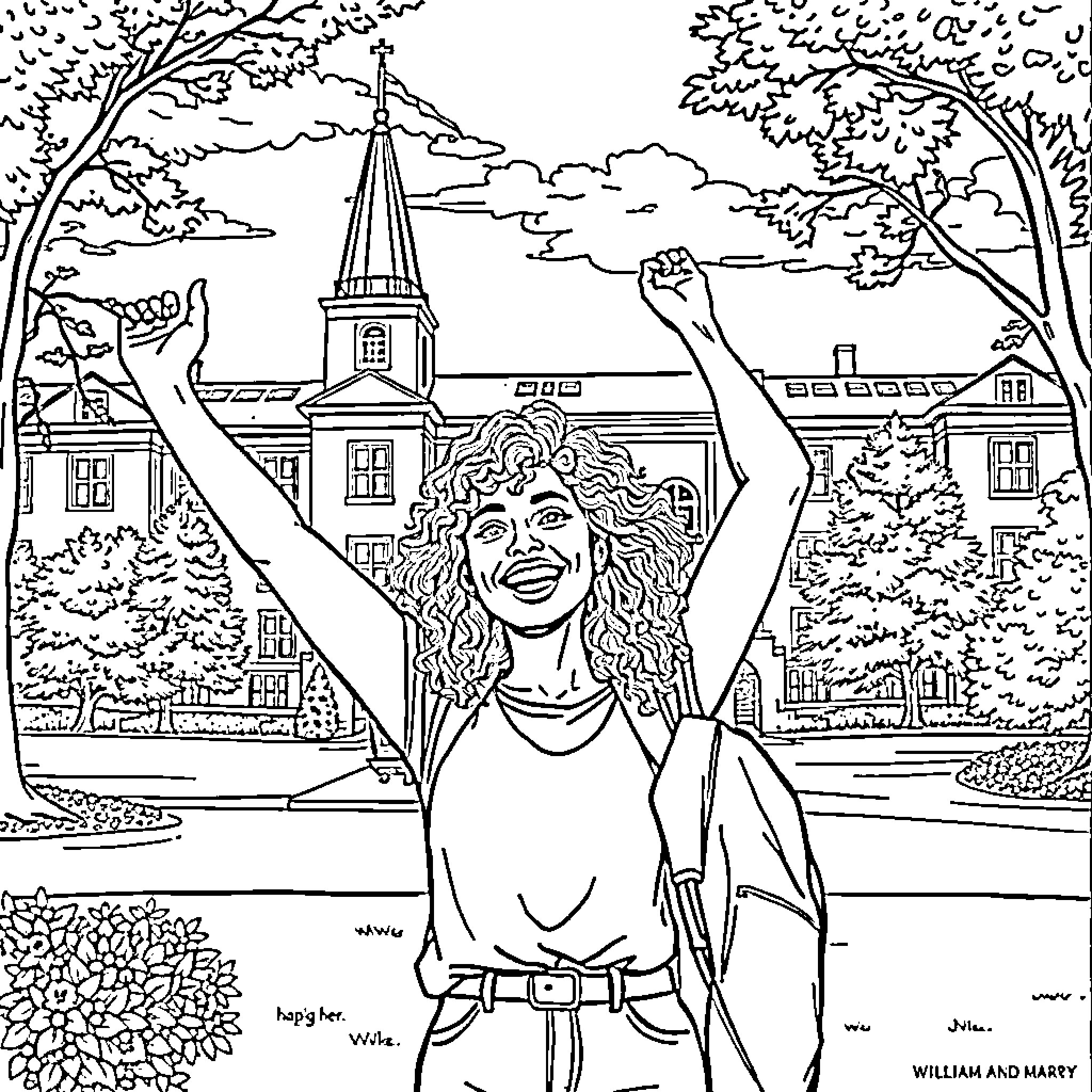 Woman celebrates joyfully in a town setting Coloring Page (free black-and-white line drawing printable PDF for all, from beginners to advanced learners, including children, teens, adults, and seniors)