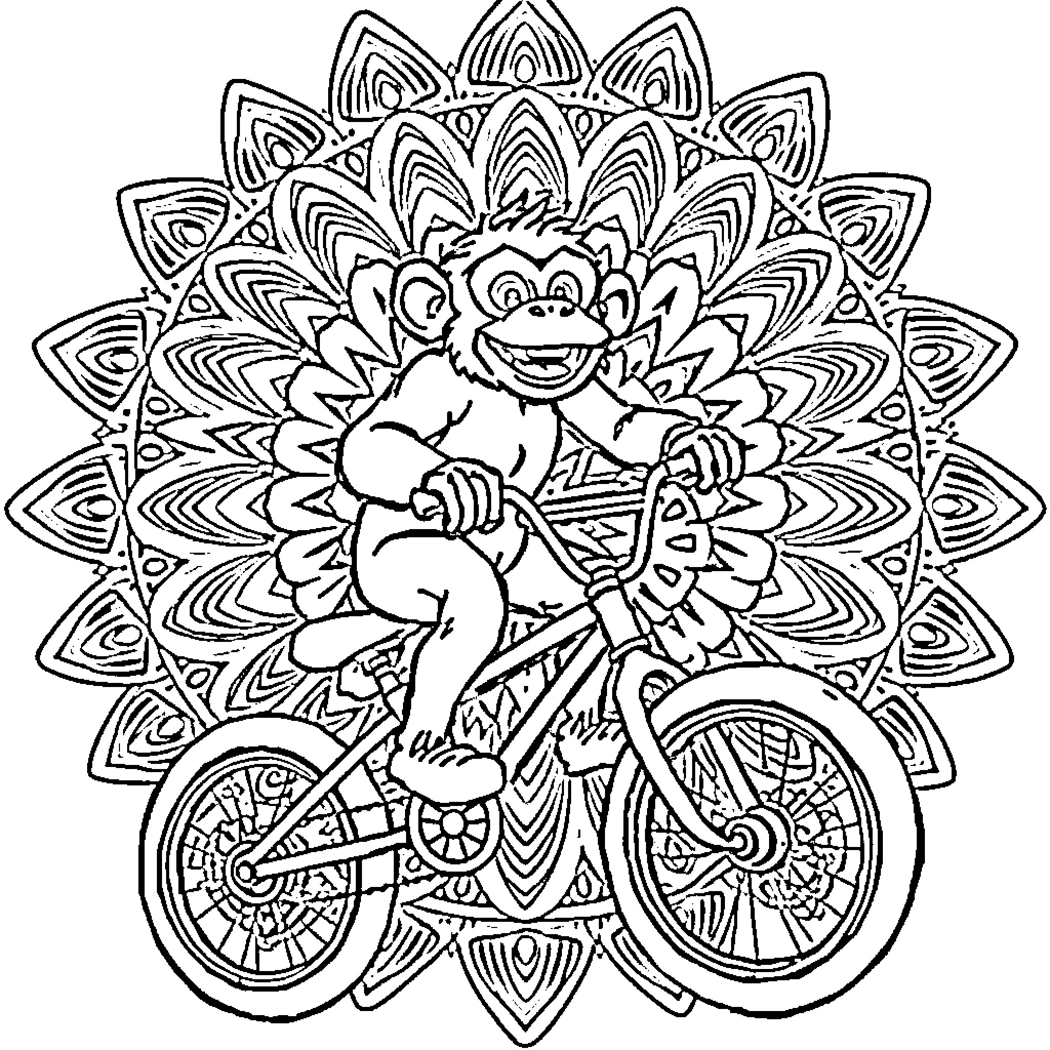 Monkey riding bicycle on intricate mandala Coloring Page (free black-and-white line drawing printable PDF for all, from beginners to advanced learners, including children, teens, adults, and seniors)