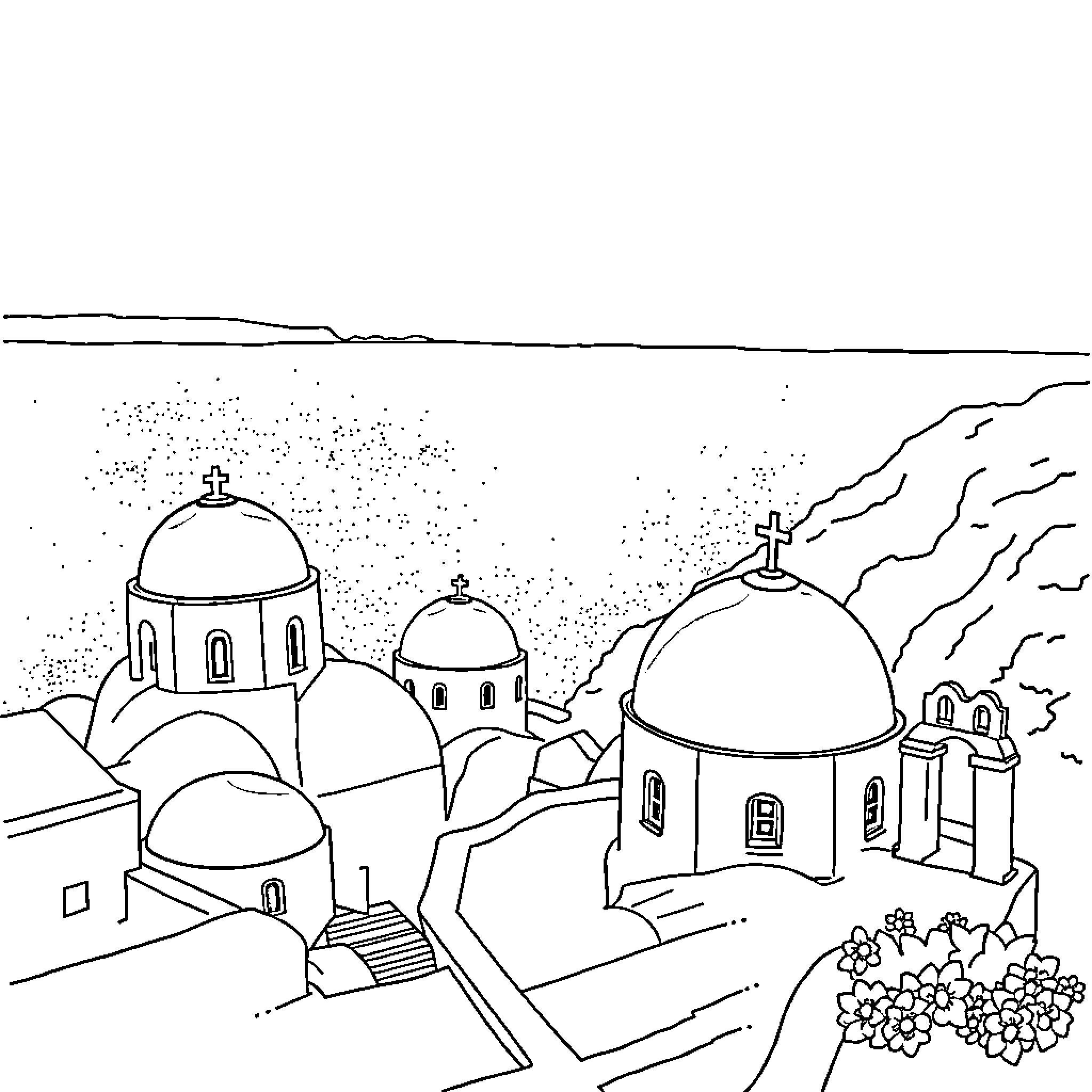 Santorini scenic landscape with iconic domed churches Coloring Page (free black-and-white line drawing printable PDF for all, from beginners to advanced learners, including children, teens, adults, and seniors)