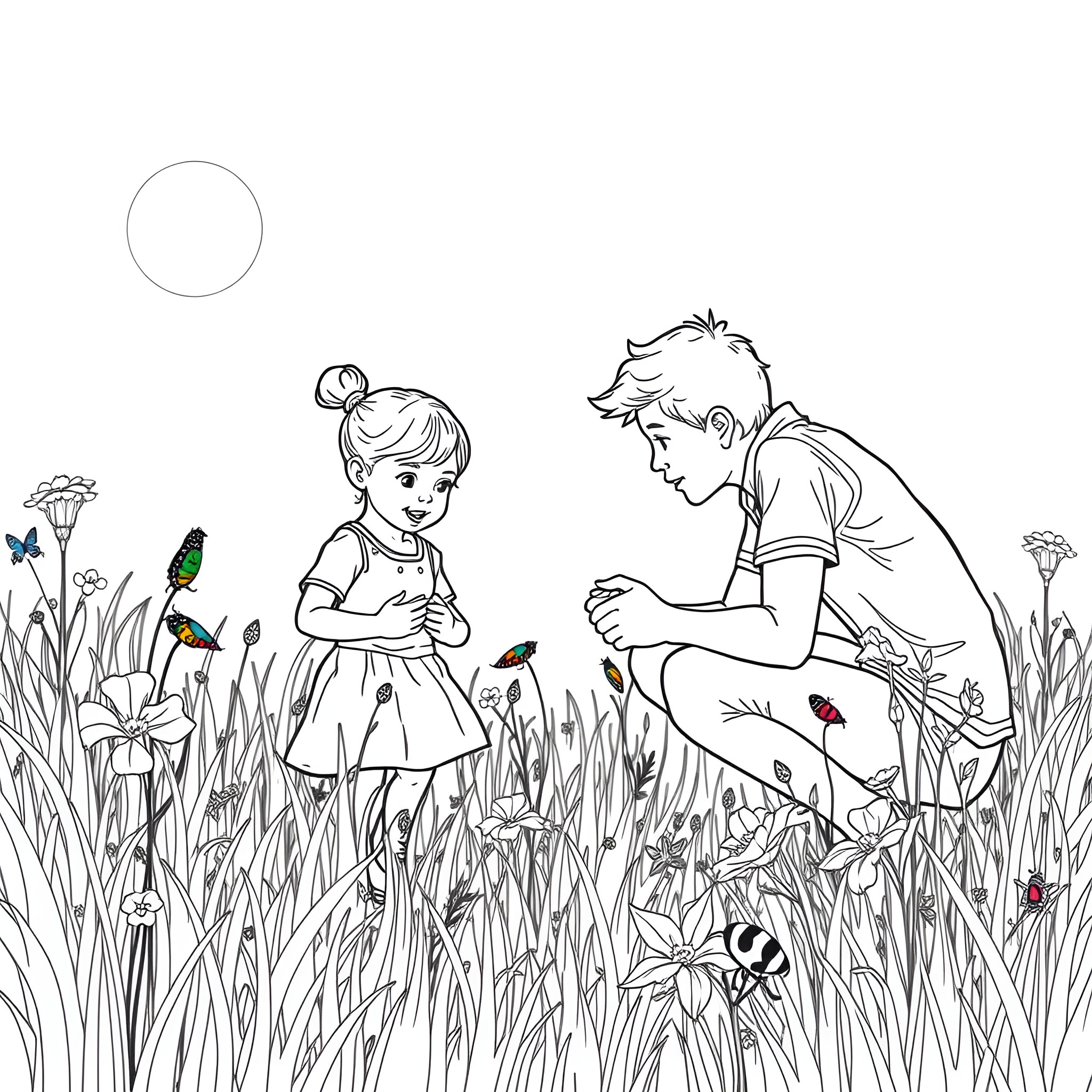 Dad and daughter explore nature together Coloring Page (free black-and-white line drawing printable PDF for all, from beginners to advanced learners, including children, teens, adults, and seniors)