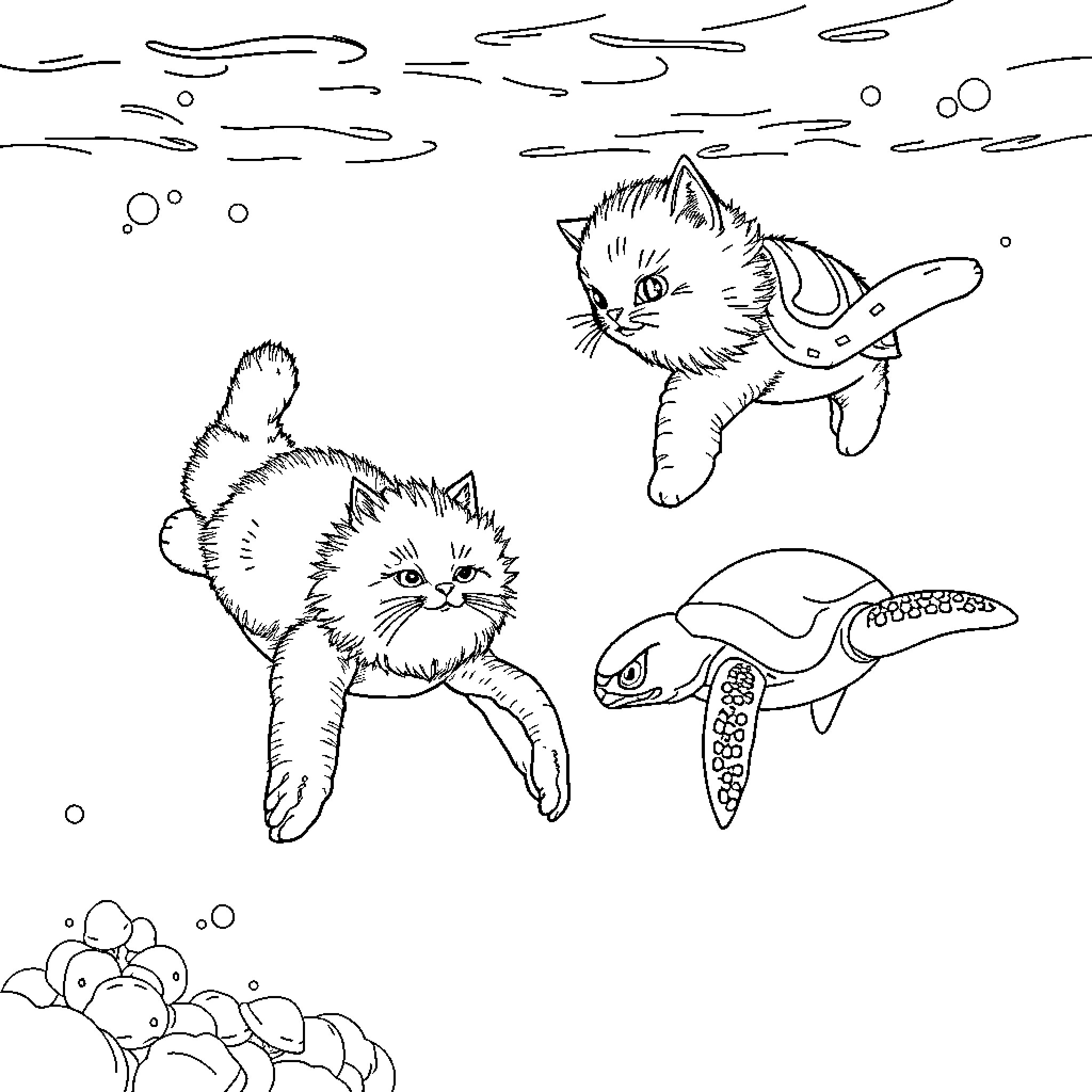 Cats playing with ocean creatures in underwater scene Coloring Page (free black-and-white line drawing printable PDF for all, from beginners to advanced learners, including children, teens, adults, and seniors)