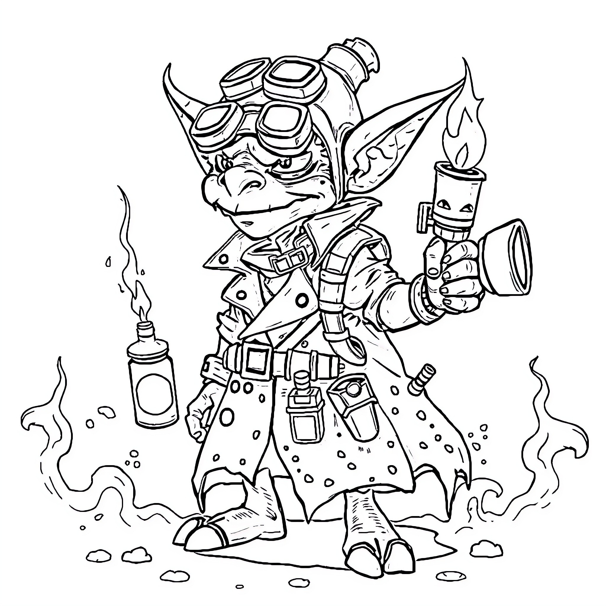 Goblin Mechanic Tinkering with Fiery Gadgets Coloring Page (free black-and-white line drawing printable PDF for all, from beginners to advanced learners, including children, teens, adults, and seniors)