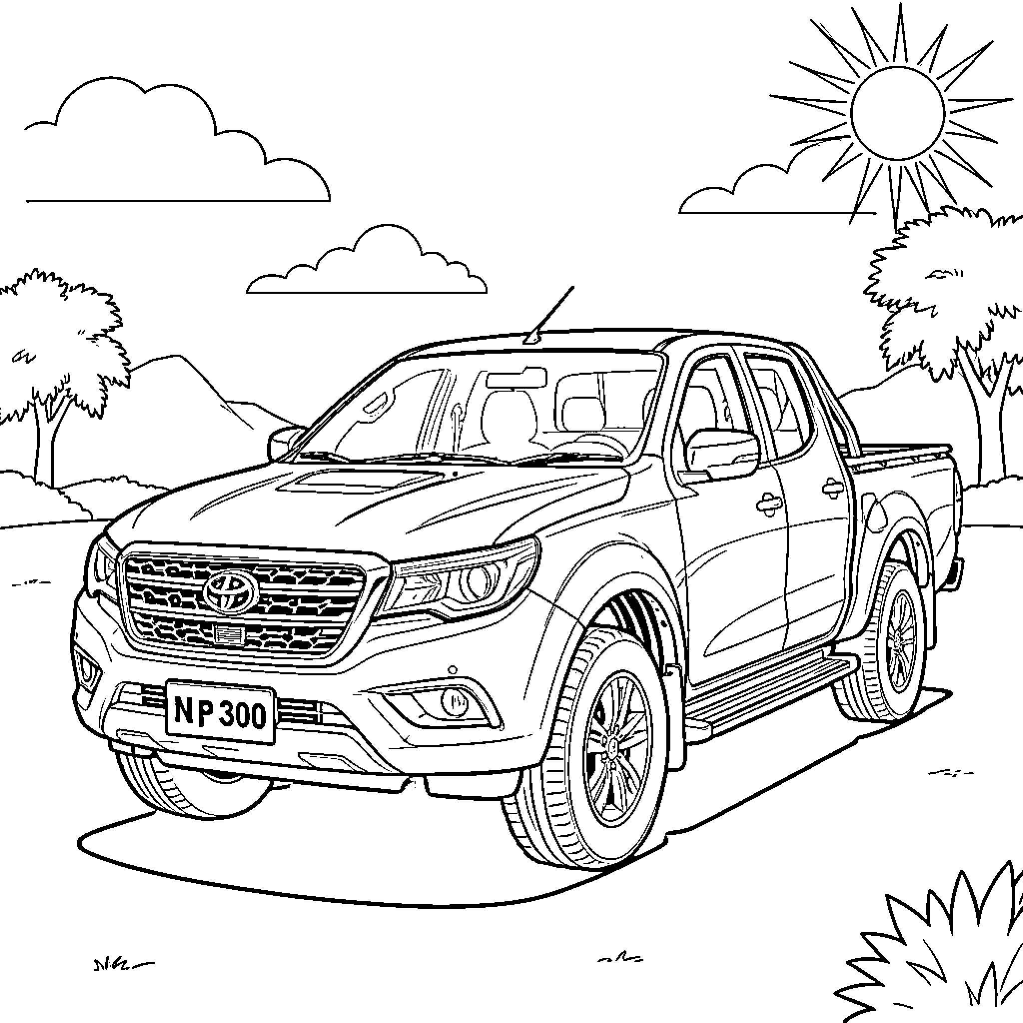 Np300 Navara truck on a scenic road Coloring Page (free black-and-white line drawing printable PDF for all, from beginners to advanced learners, including children, teens, adults, and seniors)