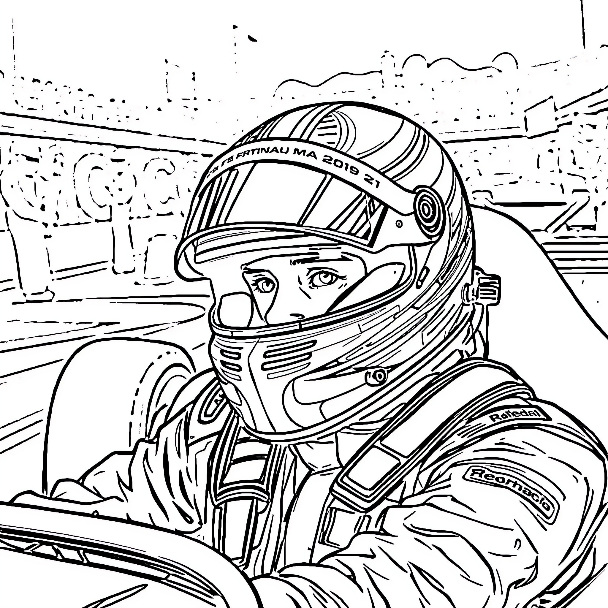 F1 Driver Focused Expression in Racing Attire Coloring Page (free black-and-white line drawing printable PDF for all, from beginners to advanced learners, including children, teens, adults, and seniors)