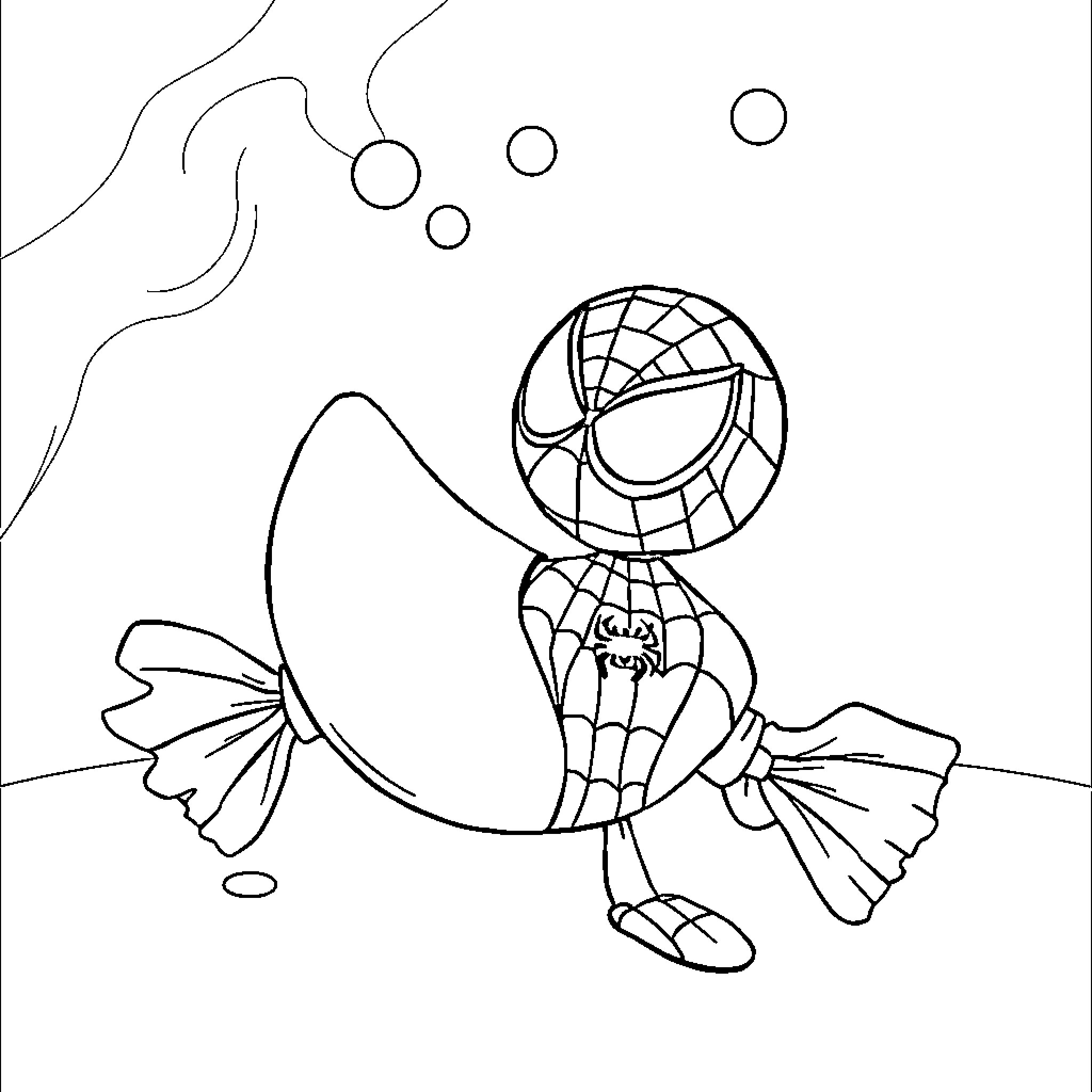 Spiderman dressed as a wrapped candy character Coloring Page (free black-and-white line drawing printable PDF for all, from beginners to advanced learners, including children, teens, adults, and seniors)