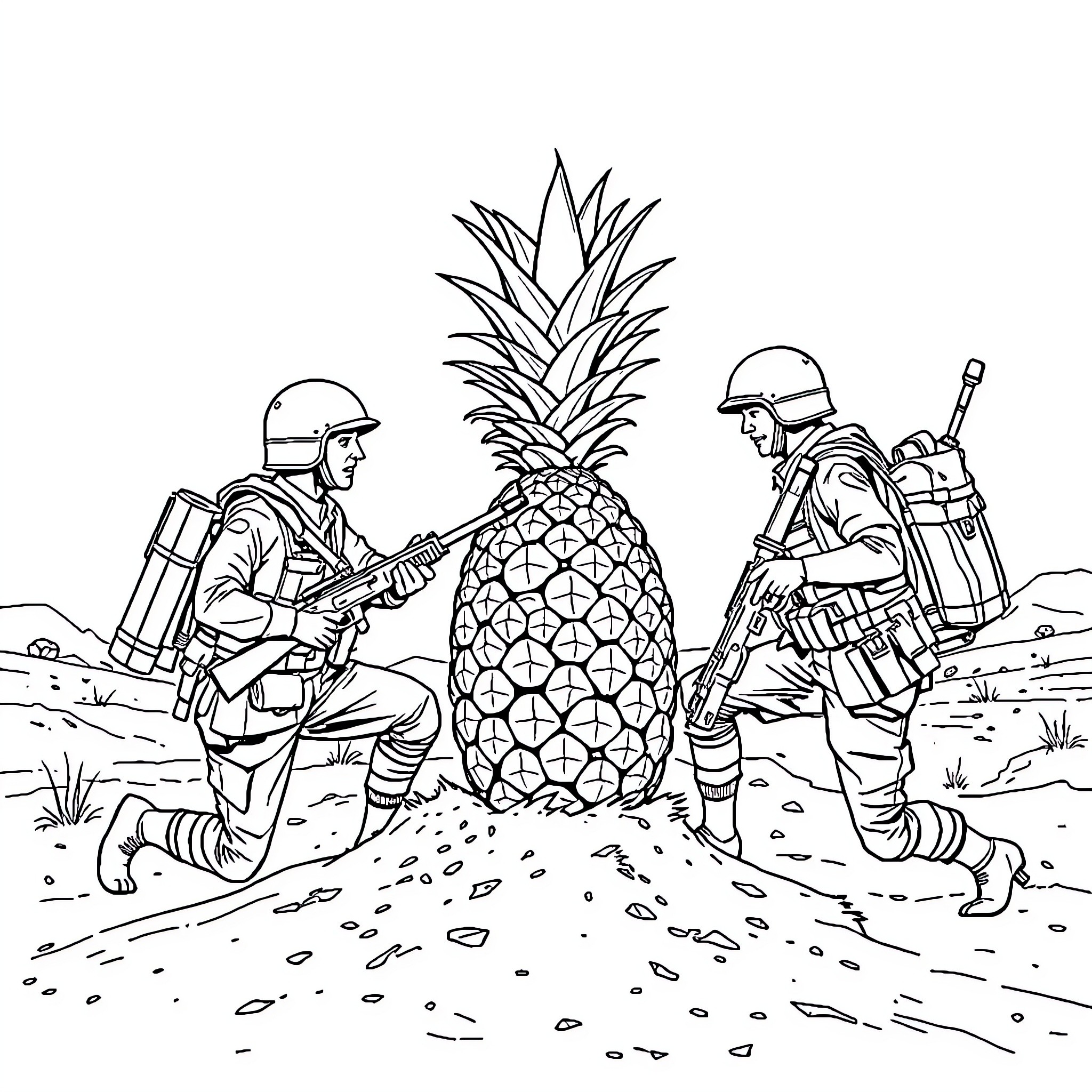 Soldier discovers pineapple in the wilderness Coloring Page (free black-and-white line drawing printable PDF for all, from beginners to advanced learners, including children, teens, adults, and seniors)