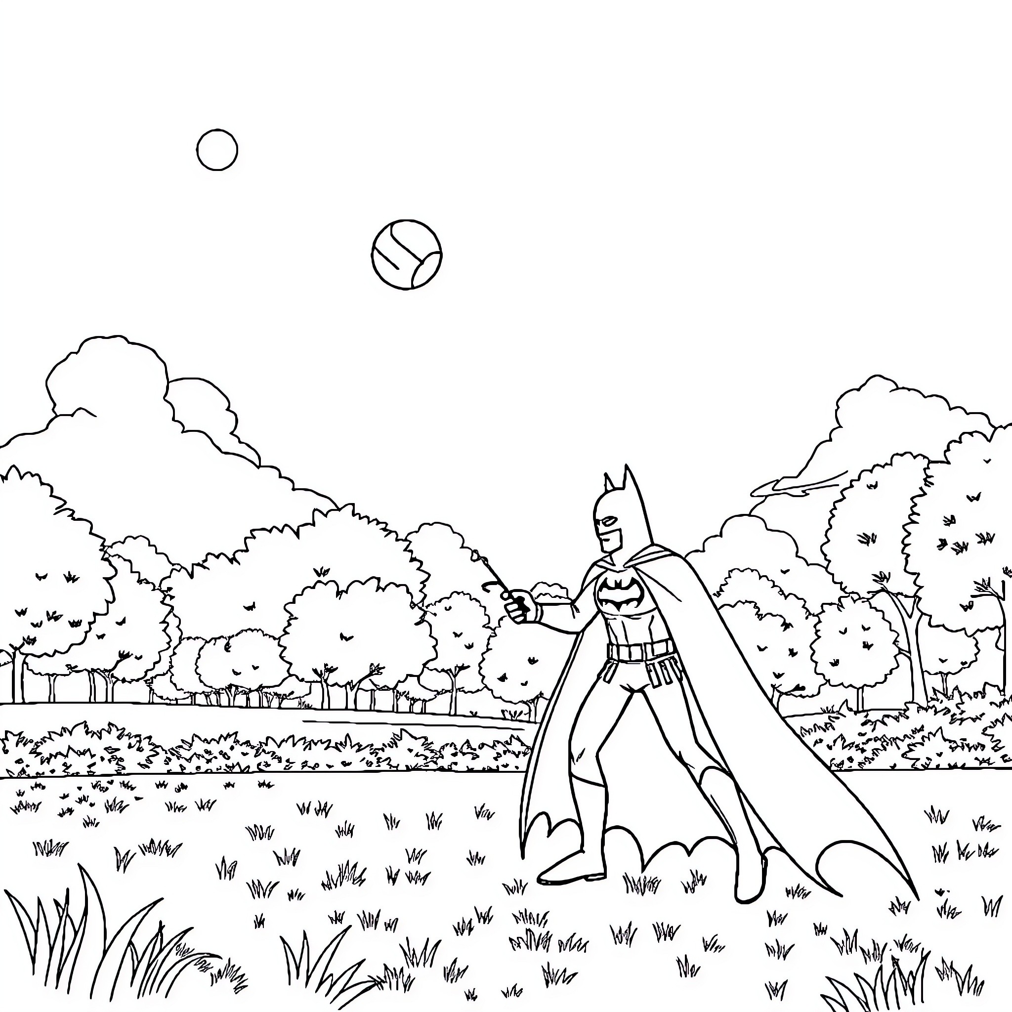 Batman patrolling the tranquil wooded area Coloring Page (free black-and-white line drawing printable PDF for all, from beginners to advanced learners, including children, teens, adults, and seniors)