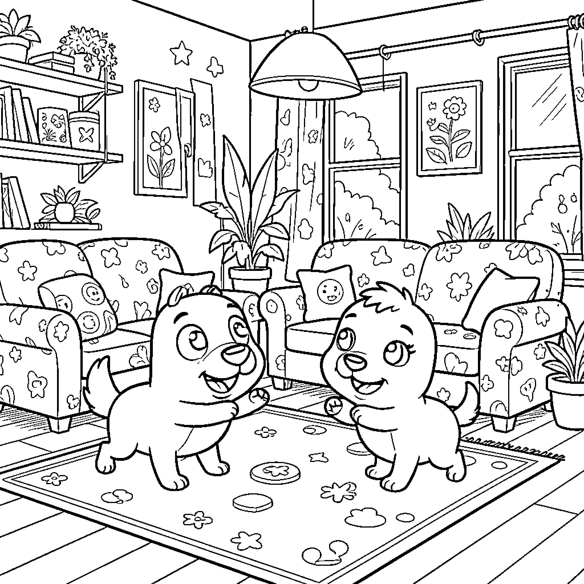 Bluey and Bingo's Playful Indoor Adventure Coloring Page (free black-and-white line drawing printable PDF for all, from beginners to advanced learners, including children, teens, adults, and seniors)