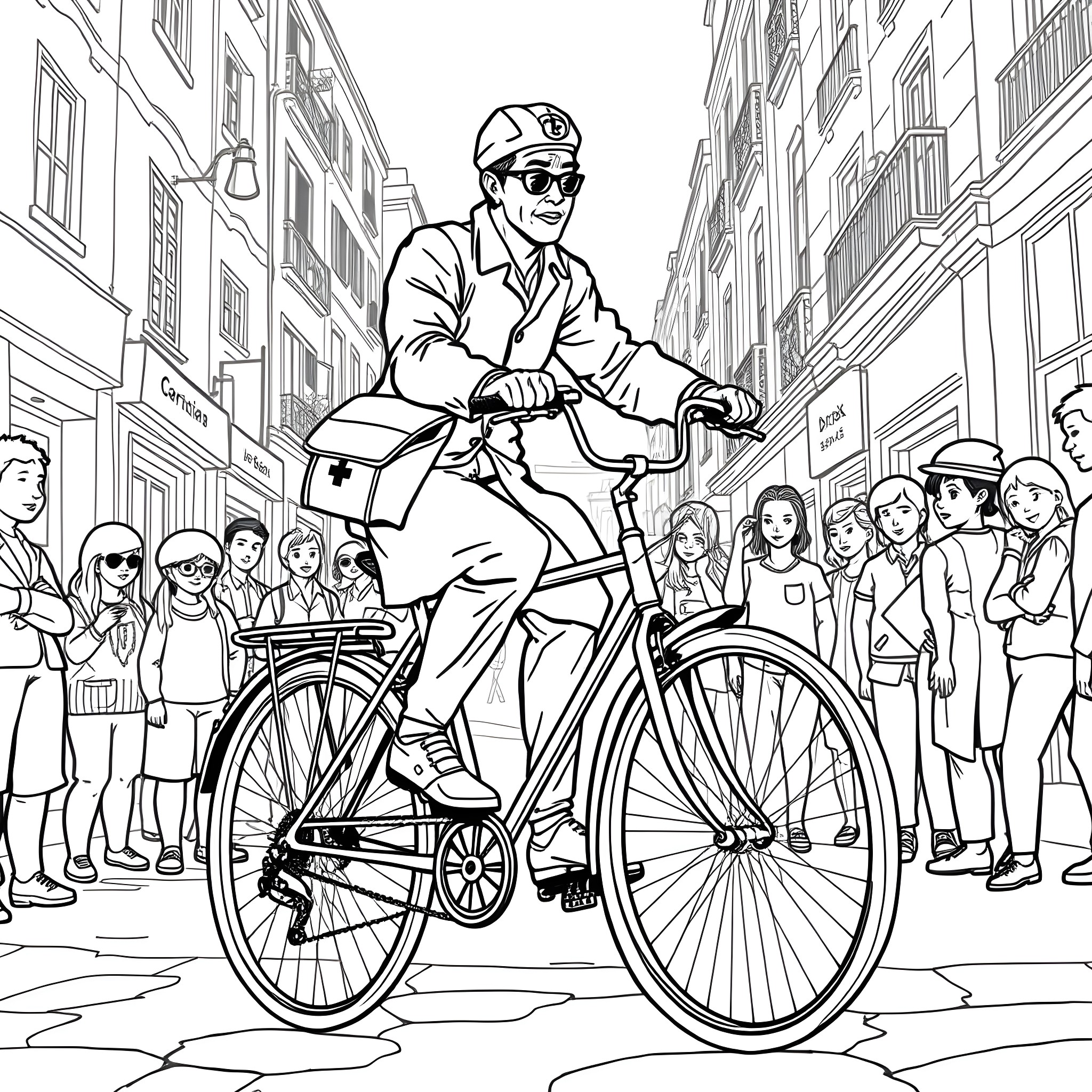 Doctor on a bicycle in a city street Coloring Page (free black-and-white line drawing printable PDF for all, from beginners to advanced learners, including children, teens, adults, and seniors)