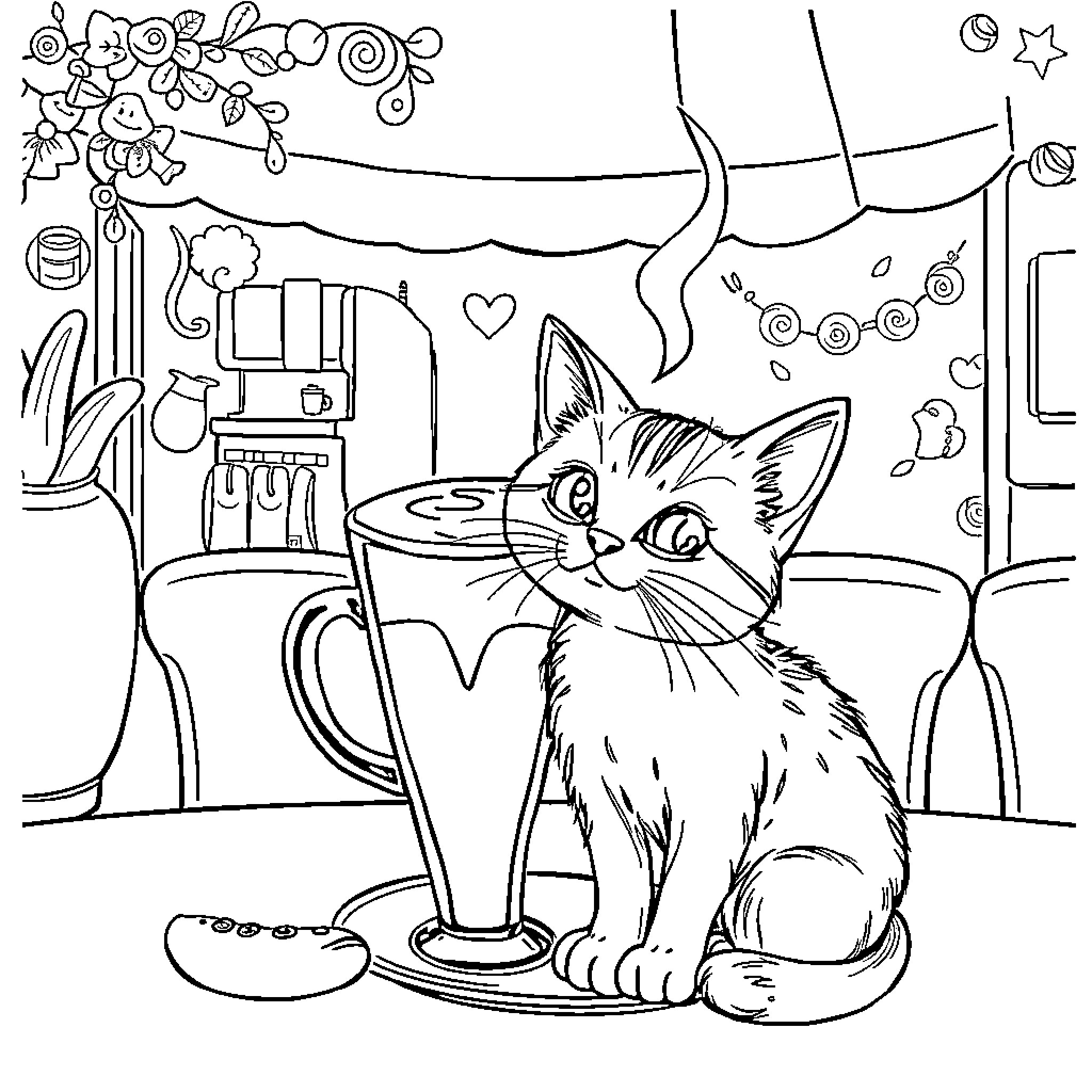 Cappuccino with Curious Kitten Coloring Page (free black-and-white line drawing printable PDF for all, from beginners to advanced learners, including children, teens, adults, and seniors)