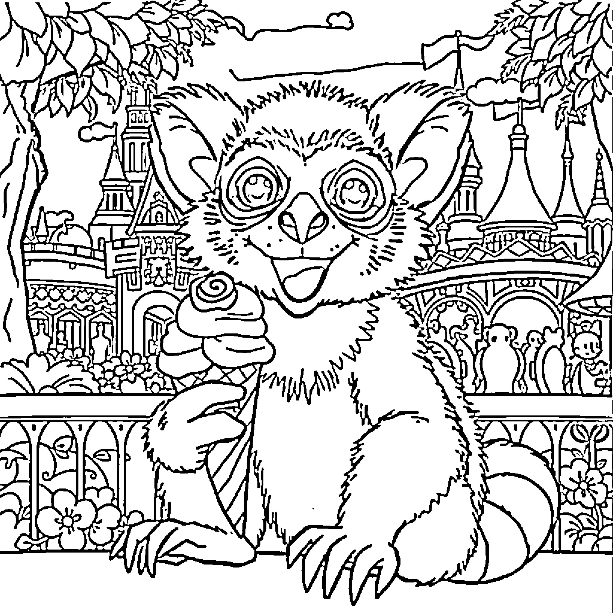 Lemur exploring a whimsical fantasy landscape Coloring Page (free black-and-white line drawing printable PDF for all, from beginners to advanced learners, including children, teens, adults, and seniors)