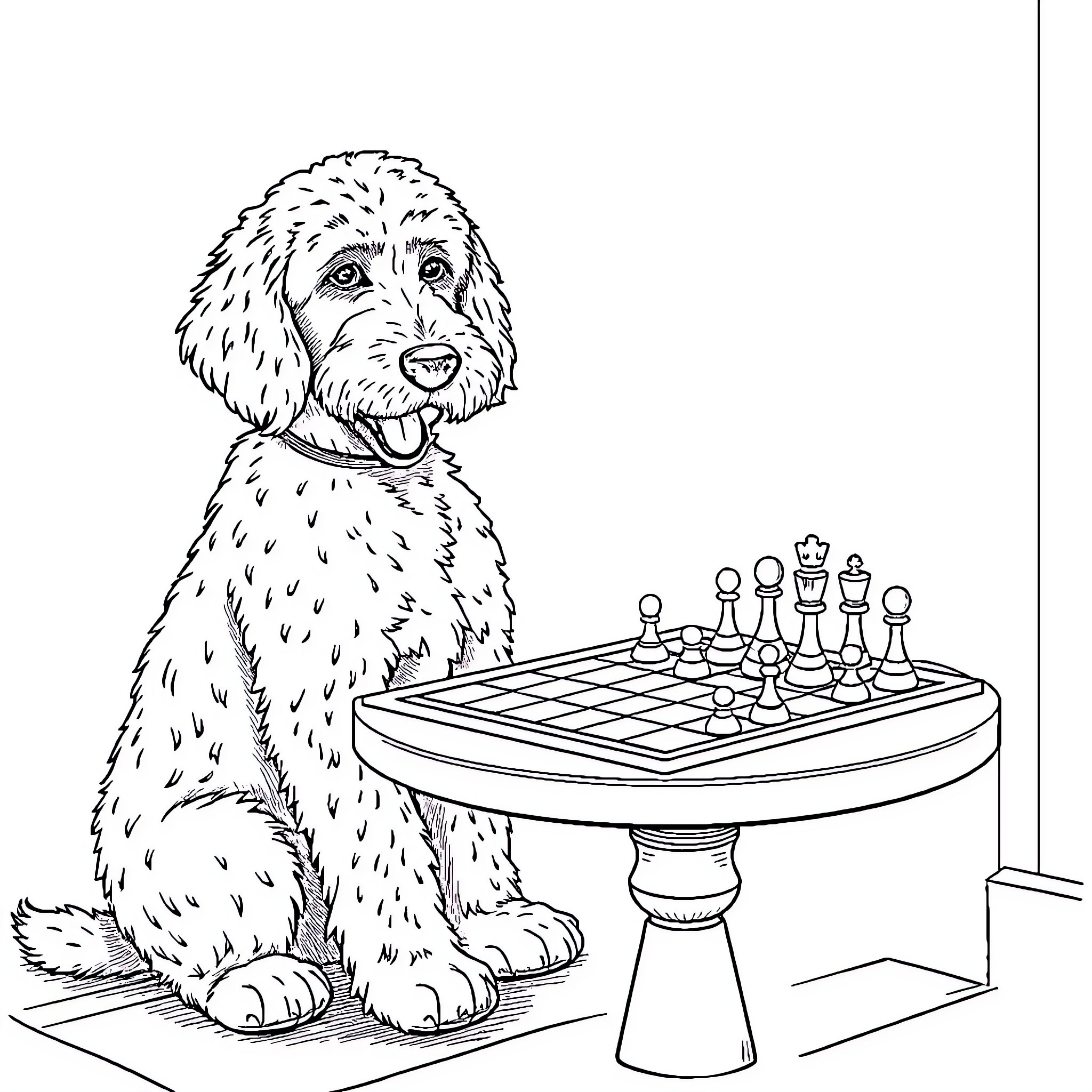 Doodle of a playful puppy by a chess table Coloring Page (free black-and-white line drawing printable PDF for all, from beginners to advanced learners, including children, teens, adults, and seniors)