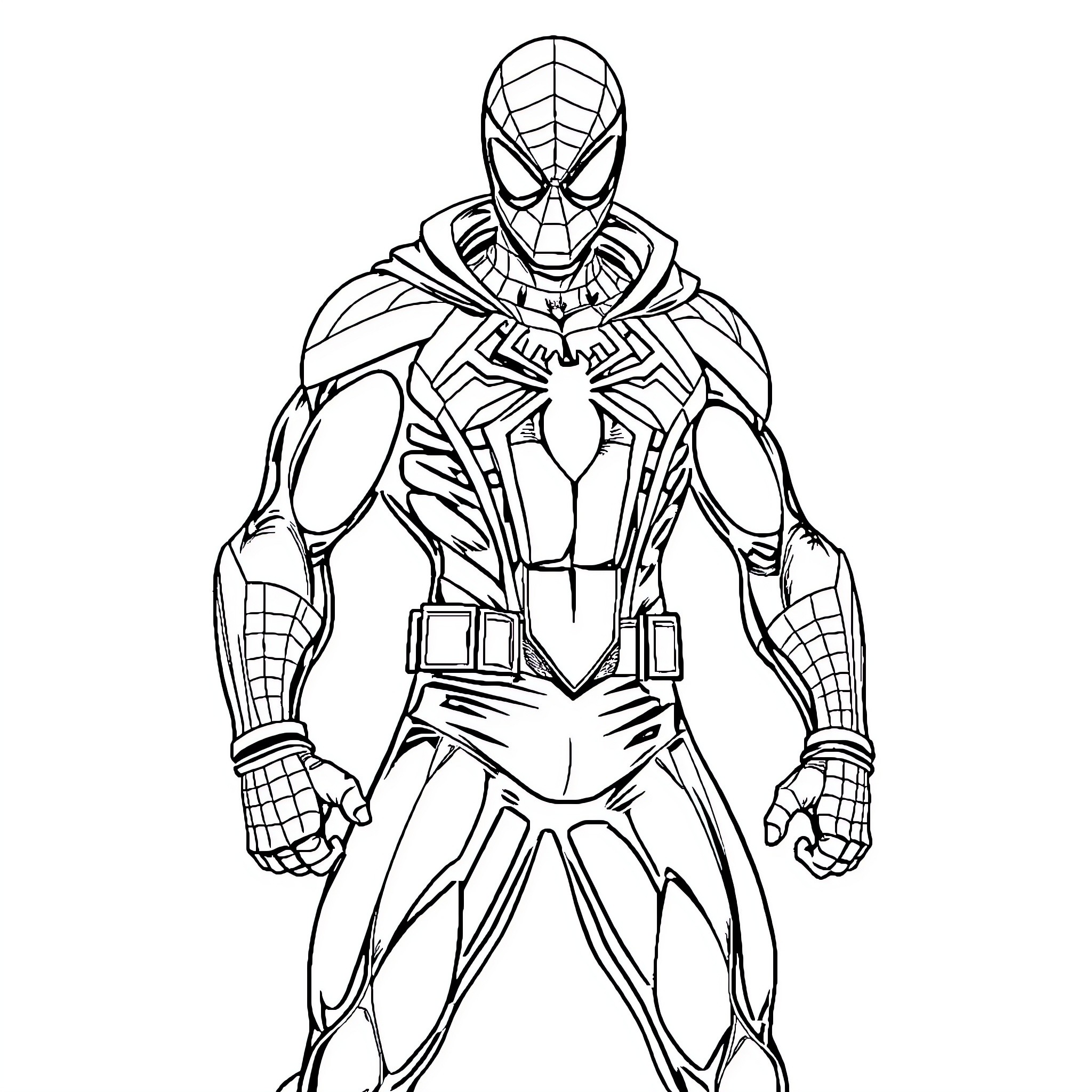 Spiderman standing heroically in action pose Coloring Page (free black-and-white line drawing printable PDF for all, from beginners to advanced learners, including children, teens, adults, and seniors)