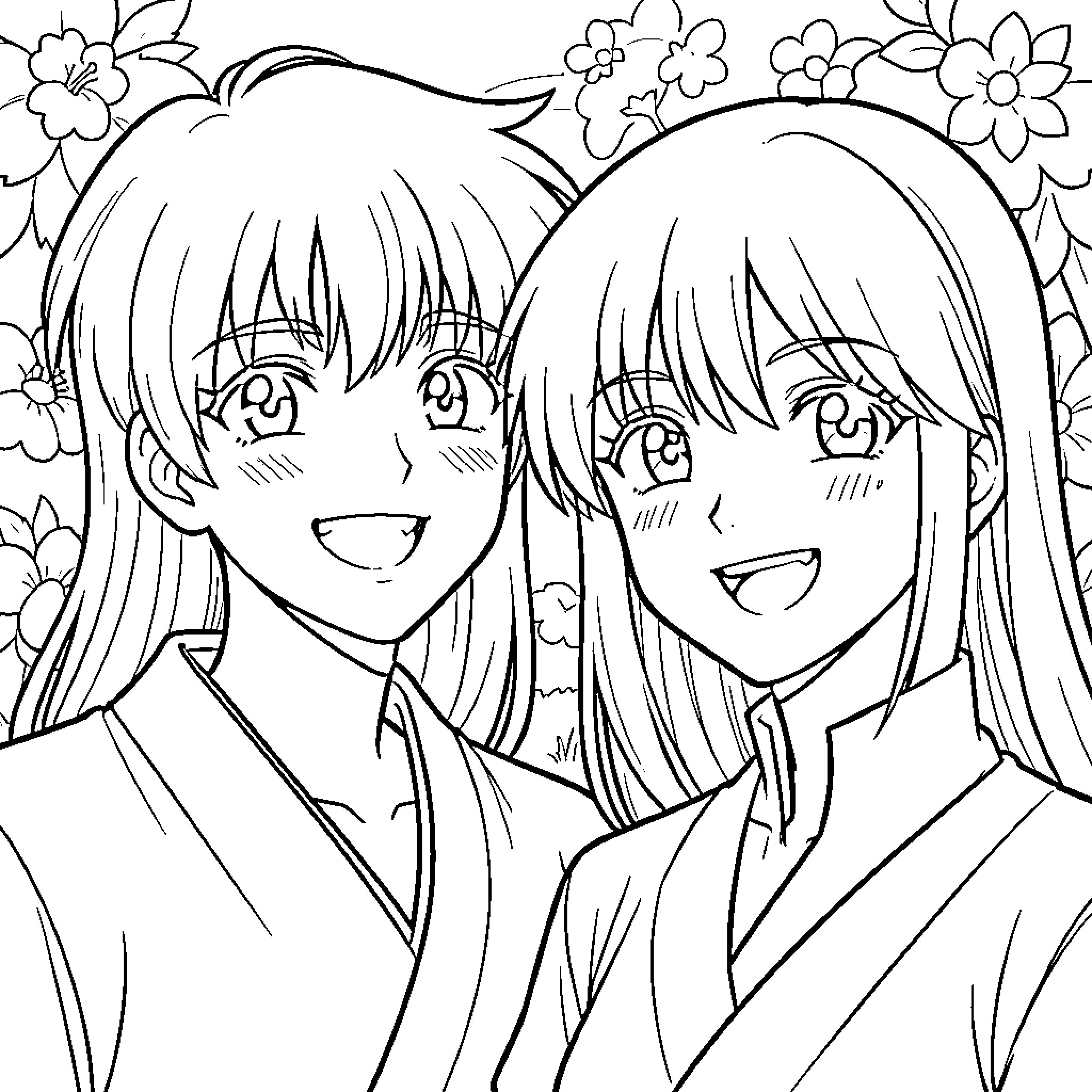 Ranma and Akane: A Joyful Encounter Amidst Blossoms Coloring Page (free black-and-white line drawing printable PDF for all, from beginners to advanced learners, including children, teens, adults, and seniors)