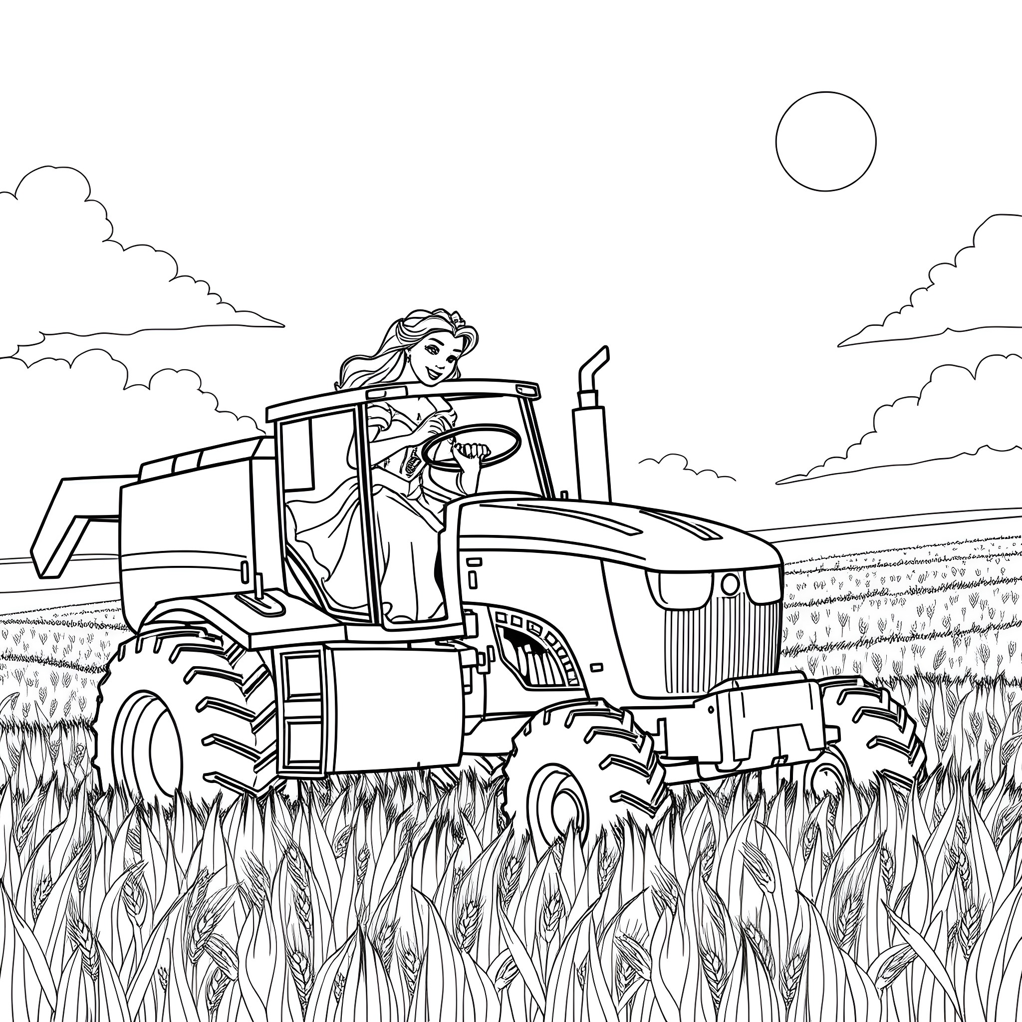 Princess driving a tractor in the field Coloring Page (free black-and-white line drawing printable PDF for all, from beginners to advanced learners, including children, teens, adults, and seniors)
