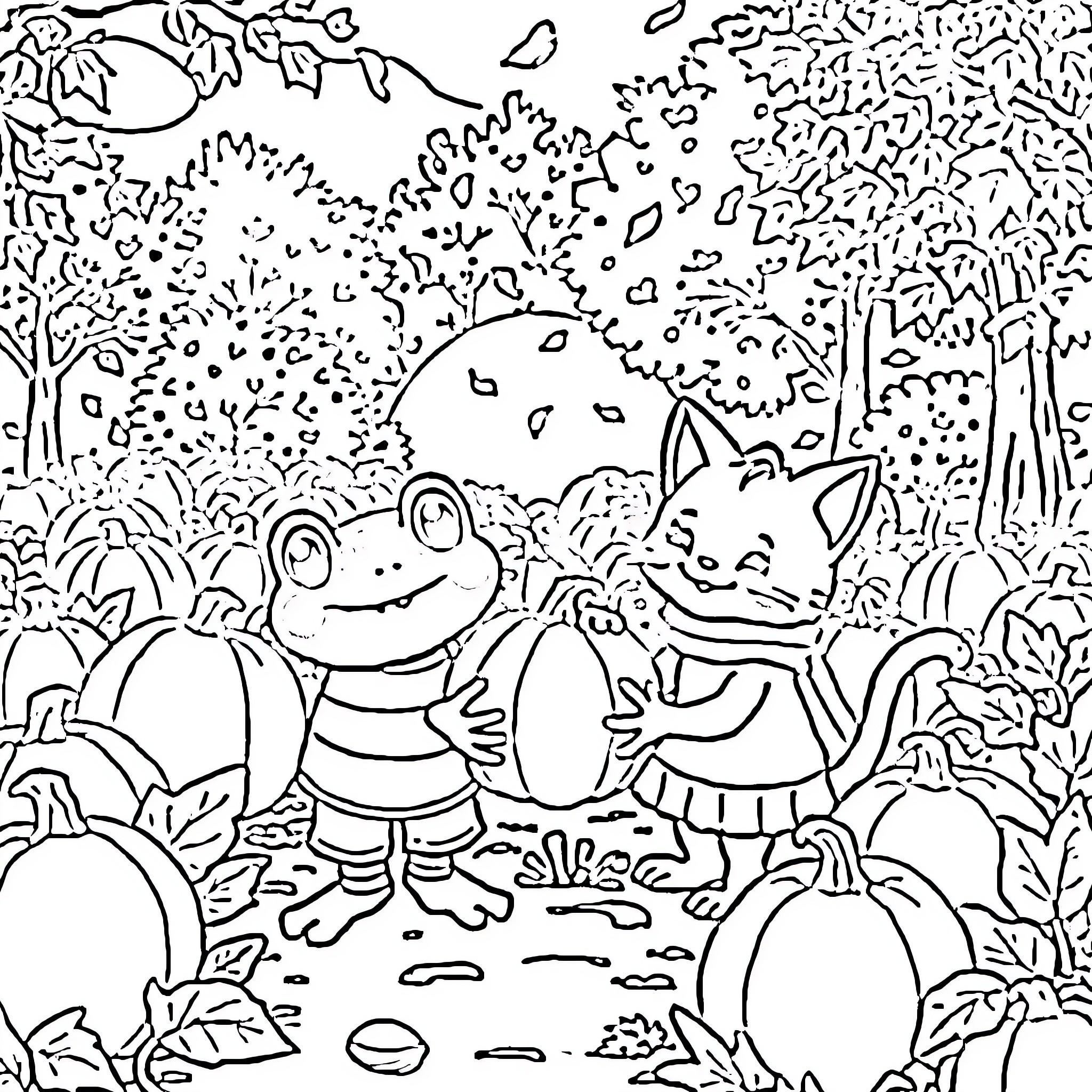 Frog and fox exploring the enchanted forest Coloring Page (free black-and-white line drawing printable PDF for all, from beginners to advanced learners, including children, teens, adults, and seniors)