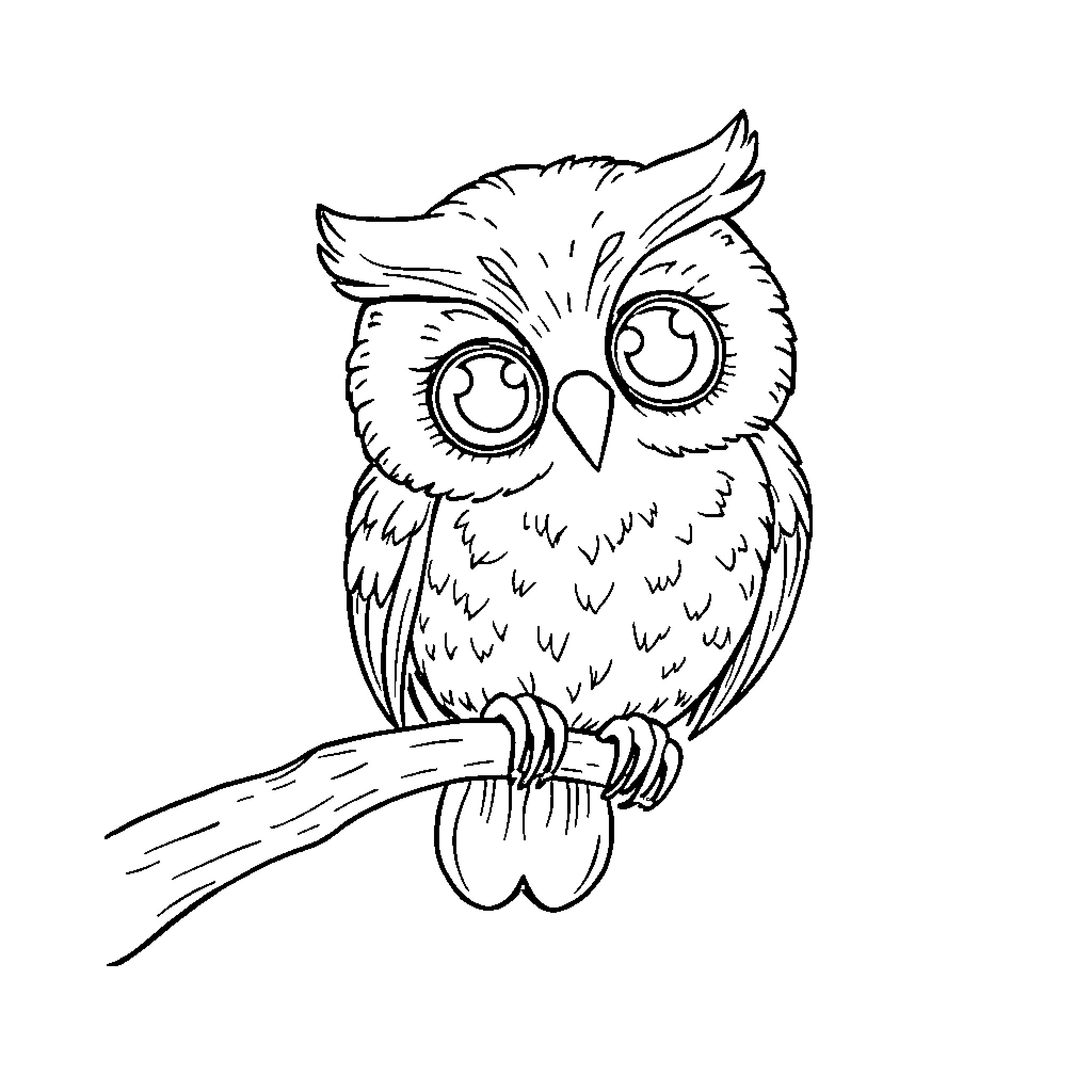 Owl with Expressive Eyes on Tree Branch Coloring Page (free black-and-white line drawing printable PDF for all, from beginners to advanced learners, including children, teens, adults, and seniors)