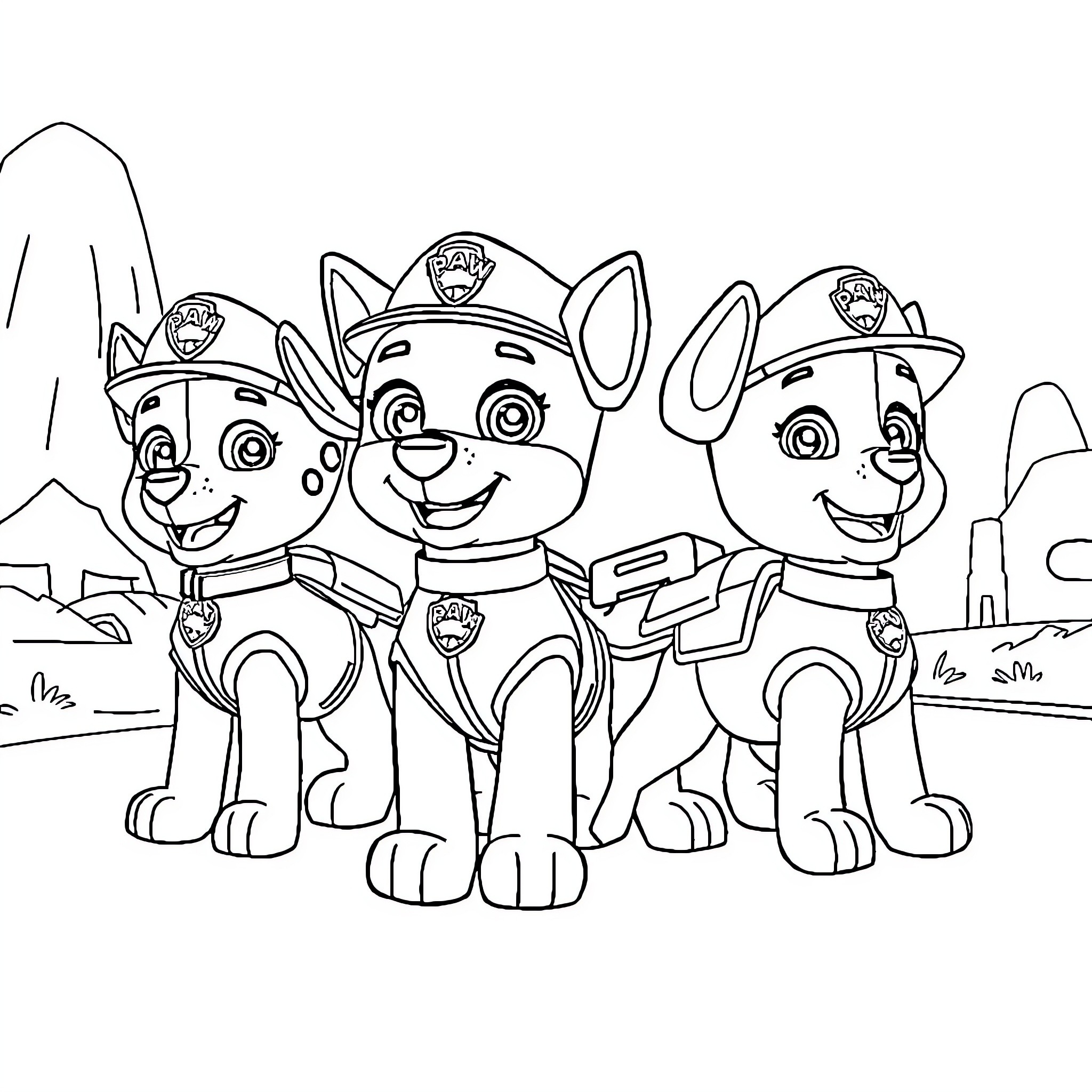 Paw Patrol Puppies in Uniform Posing Together Coloring Page (free black-and-white line drawing printable PDF for all, from beginners to advanced learners, including children, teens, adults, and seniors)