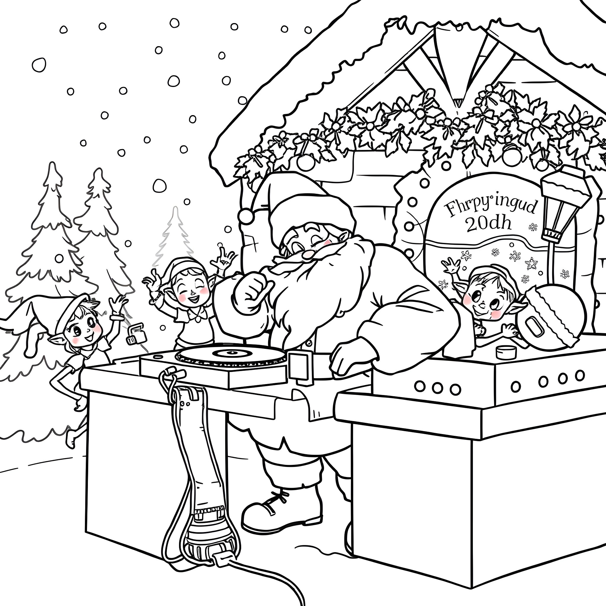 Santa Claus enjoying a festive music performance Coloring Page (free black-and-white line drawing printable PDF for all, from beginners to advanced learners, including children, teens, adults, and seniors)